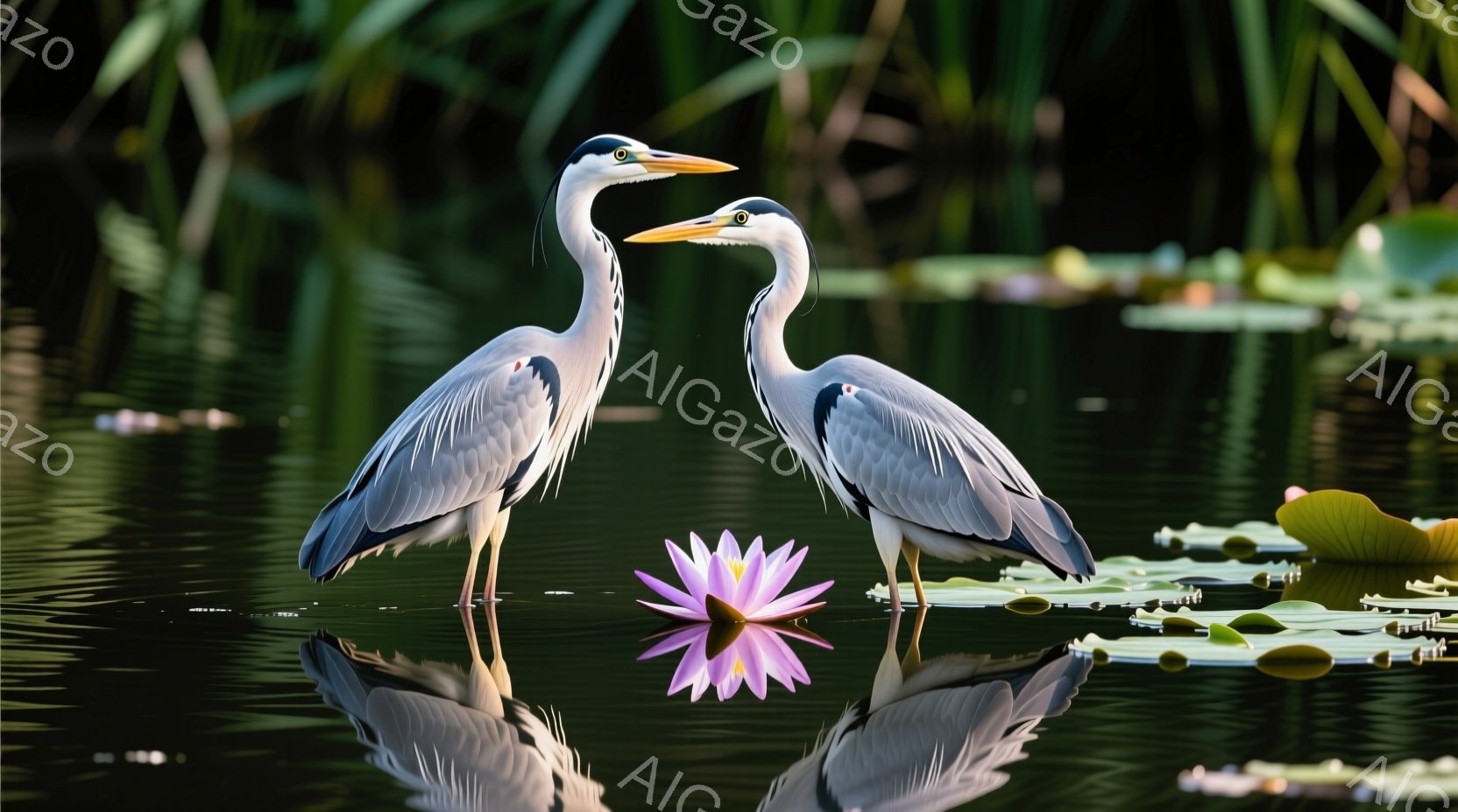 穏やかな水面に二羽のサギが佇み、水面に映る姿が美しい対照をなしている。紫色の睡蓮の花が水面を彩り、緑豊かな背景がサギと花を引き立てている。 全体的に静かで平和な雰囲気が漂い、自然の美しさを感じさせる。