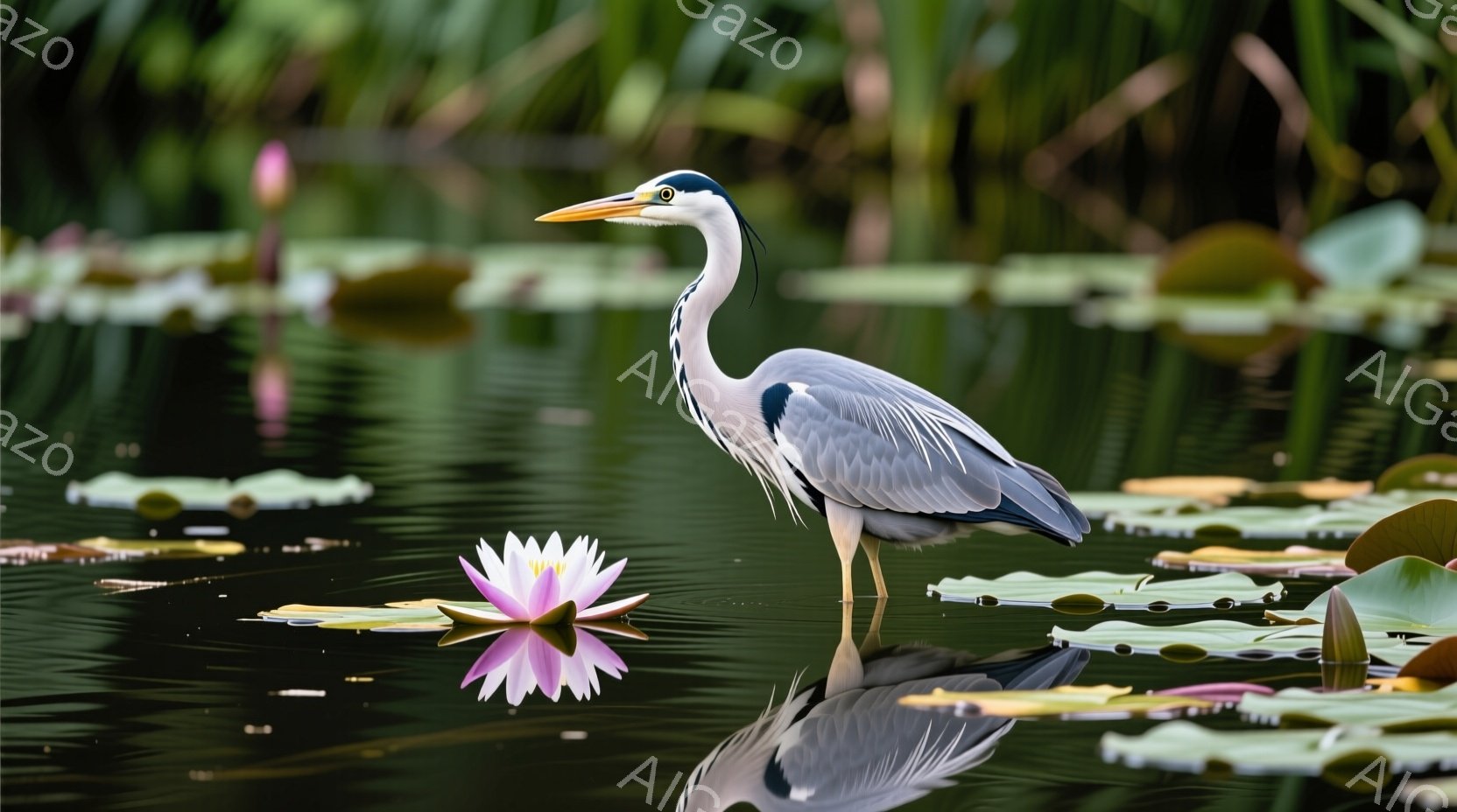 鮮やかなピンク色の睡蓮の花が水面に浮かび、その近くに蒼鷺が優雅に立っている。鷺は青灰色の羽毛を持ち、鋭い目と細長い黄色い嘴が特徴的で、水面を静かに見つめている。背景には緑豊かな水生植物が広がり、穏やかな水面に鷺と睡蓮が美しく反射し、静寂で平和な雰囲気を醸し出している。
