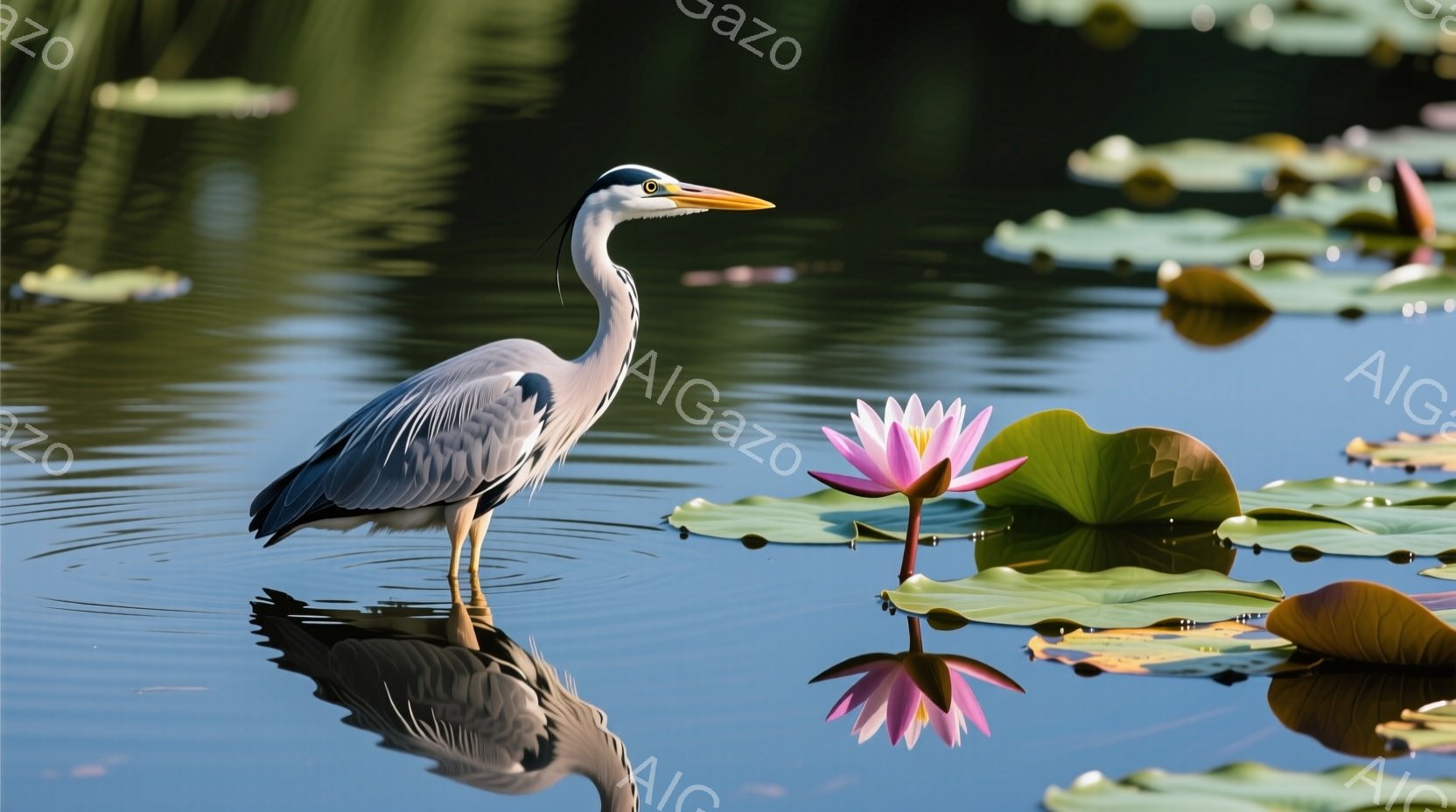 灰色のサギが水面に映る穏やかな池の中に立っている。ピンク色の睡蓮の花がいくつか咲き、緑の睡蓮の葉が水面を覆っている。全体的に静かで平和な雰囲気で、水面に映るサギの姿が幻想的である。