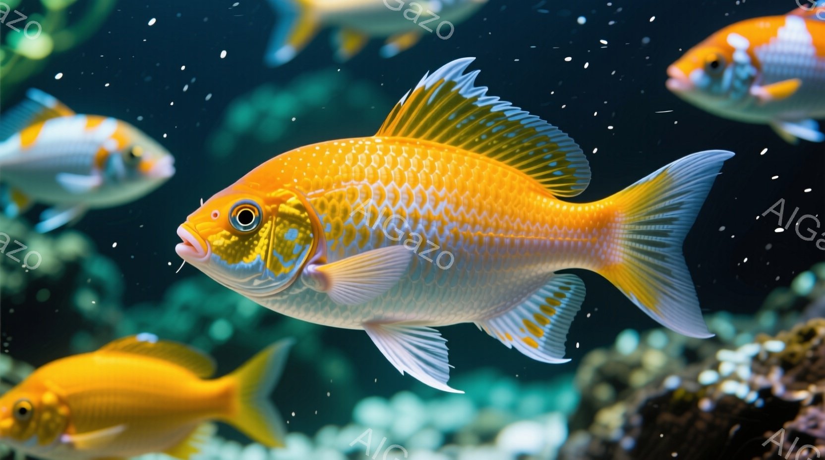 鮮やかなオレンジと白の縞模様を持つ魚が、深い青色の水中で優雅に泳いでいる。白く光るヒレと、鋭い視線が印象的で、他の同じ種類の魚たちと一緒に、水中の岩場や緑色の植物の間を泳いでいる様子が捉えられている。 - AI生成フリー素材