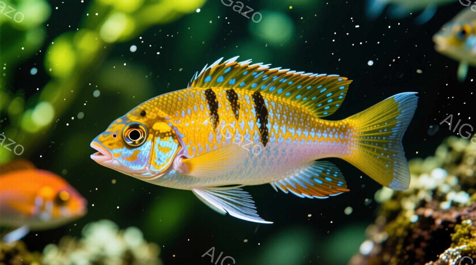 明るい黄色と水色の縞模様を持つ熱帯魚が、鮮やかな色彩で目を引きます。魚は右方向に泳いでおり、ひれを広げて優雅な姿勢を見せています。背景には緑色の植物と岩場がぼやけており、水中の静かで穏やかな雰囲気を醸し出しています。