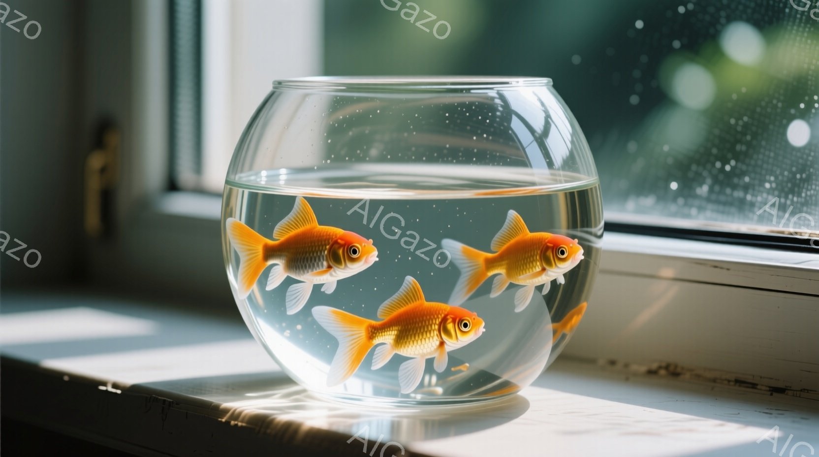 丸いガラスの魚鉢の中に三匹の金魚が泳いでいる様子が写っています。金魚は鮮やかなオレンジ色をしており、光を受けて輝いています。鉢は窓辺に置かれており、背景にはぼやけた緑が見え、穏やかで静かな雰囲気を醸し出しています。
