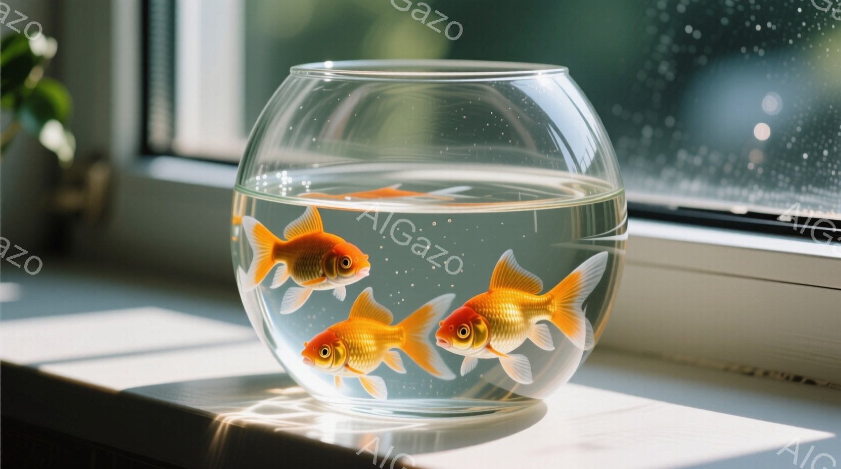 金魚鉢の中で、三匹の赤い金魚が泳いでいる。鉢は窓辺に置かれており、外はぼやけた緑色で、おそらく自然の風景が見える。光が差し込み、金魚と鉢にハイライトが入り、静かで穏やかな雰囲気を醸し出している。