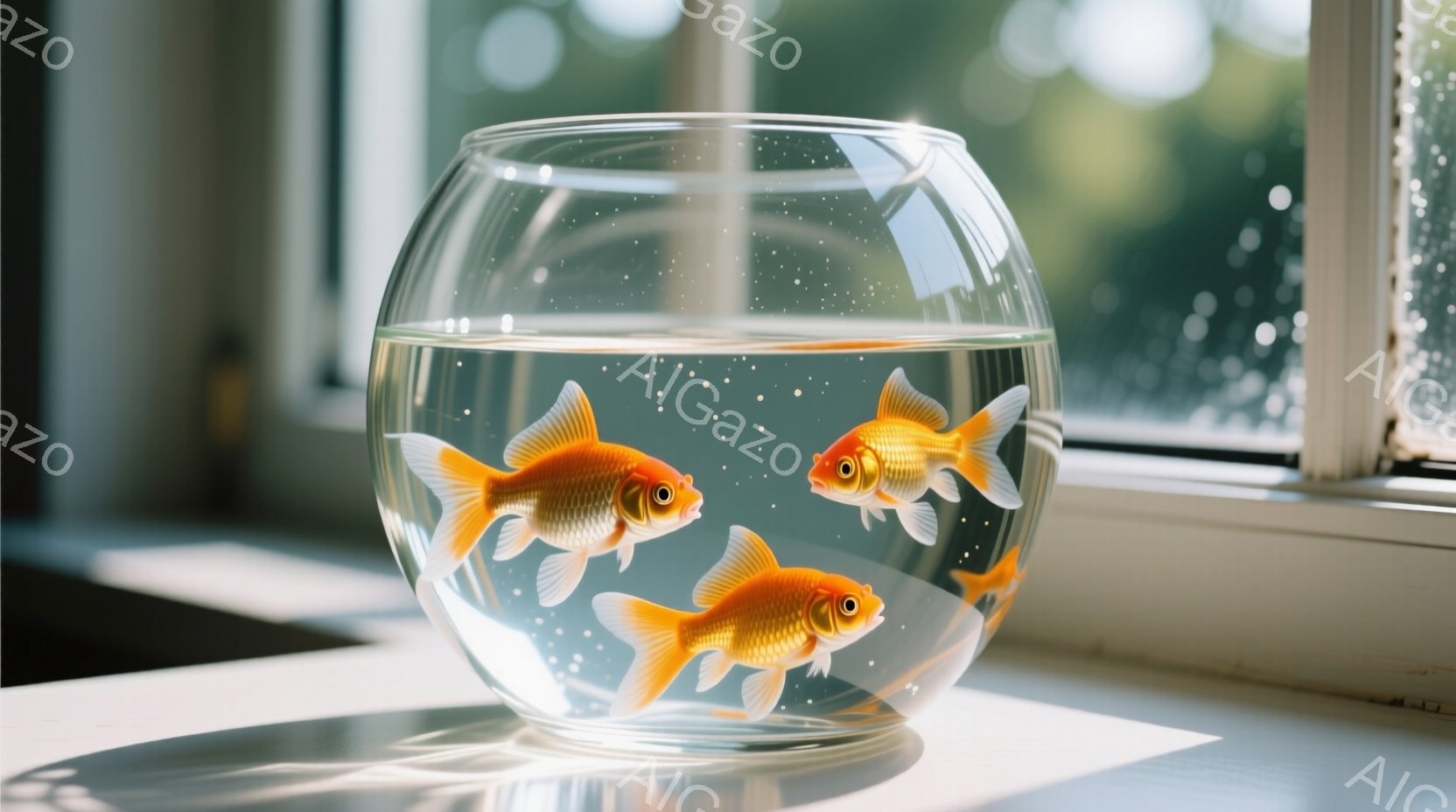 金魚鉢の中には、鮮やかなオレンジ色の金魚が三匹泳いでいる。光が差し込み、金魚の鱗がキラキラと輝き、水中に小さな泡が漂っている。背景にはぼやけた窓と、外の緑が見え、静かで穏やかな雰囲気を醸し出している。