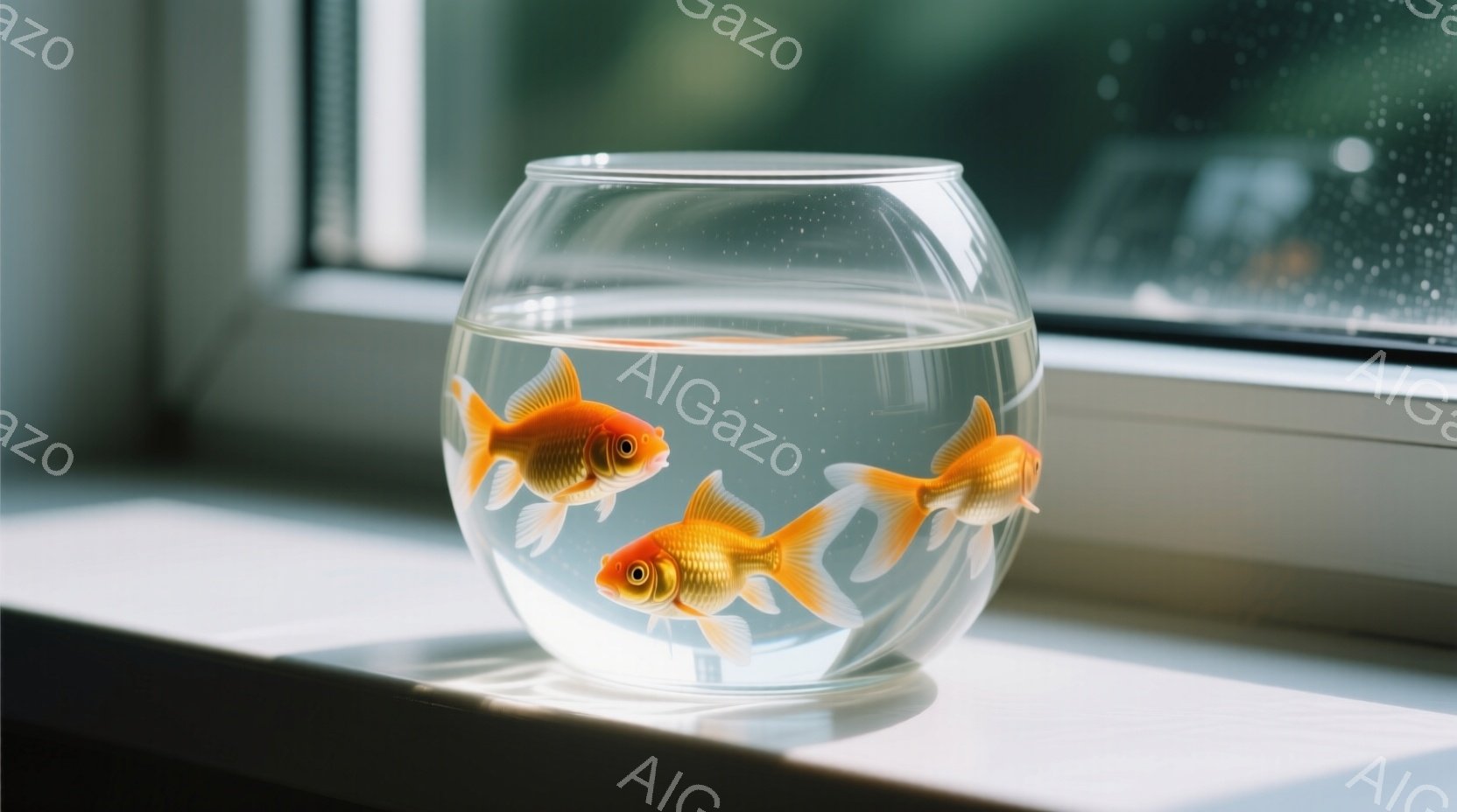 鮮やかなオレンジ色の金魚が3匹、丸いガラスの鉢の中で泳いでいる。鉢は白い窓枠に置かれており、背景にはぼやけた緑色の植物が見える穏やかな光が差し込んでいる。金魚たちはリラックスした様子で、静かで平和な雰囲気を醸し出している。