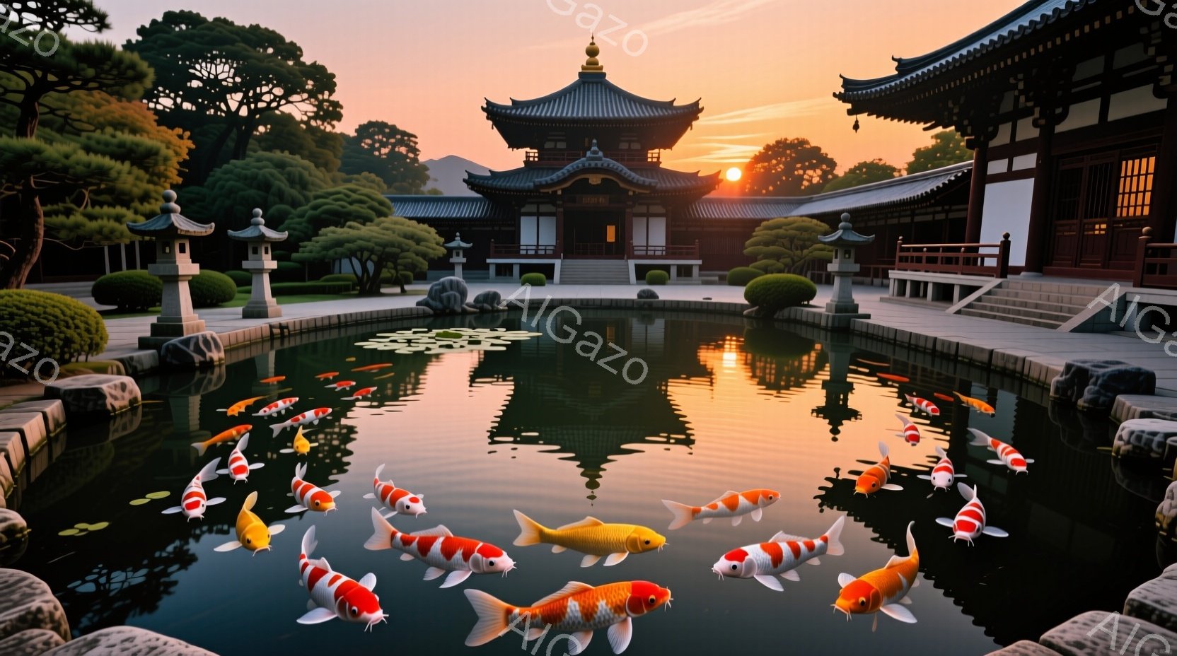 静かな池には、色とりどりの鯉が優雅に泳いでいる。夕焼けに照らされた寺院が池に映り込み、穏やかな雰囲気を醸し出している。背景には緑豊かな木々が生い茂り、平和で調和のとれた景色が広がっている。 - AI生成フリー素材