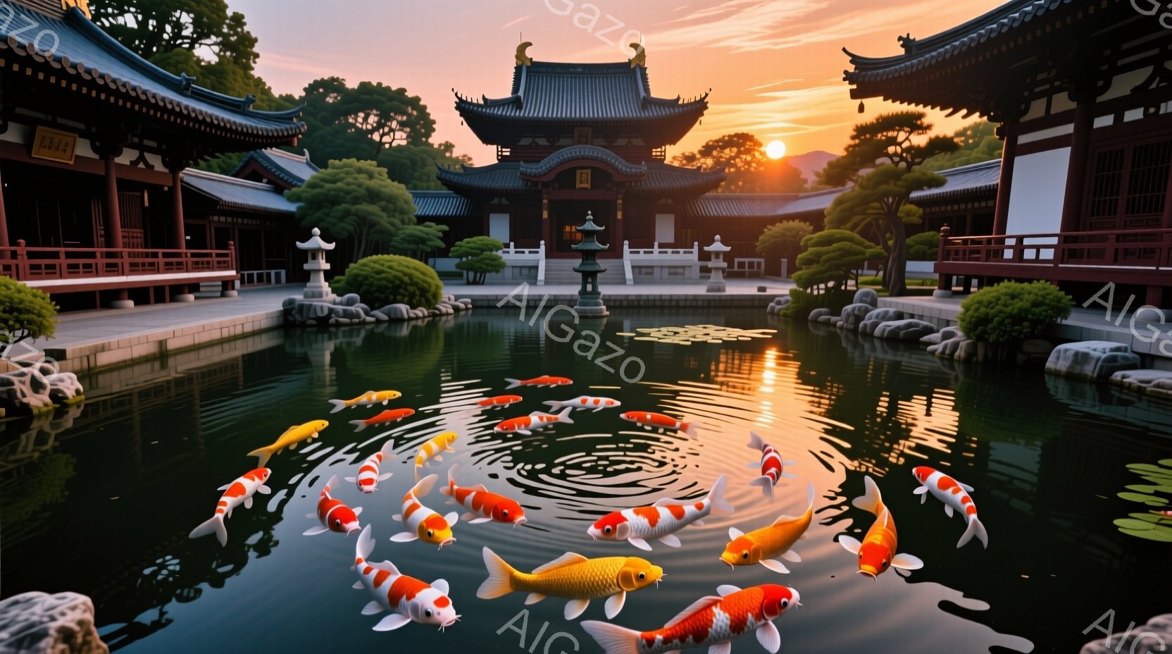 広大な池には、色とりどりの鯉が群れをなし、水面を優雅に泳いでいる。背景には、鮮やかな朱色の屋根を持つ伝統的な寺院建築が立ち並び、緑豊かな庭園と夕焼け空が美しいコントラストを生み出している。全体的に穏やかで静寂な雰囲気が漂い、日本の伝統的な美しさを感じさせる。