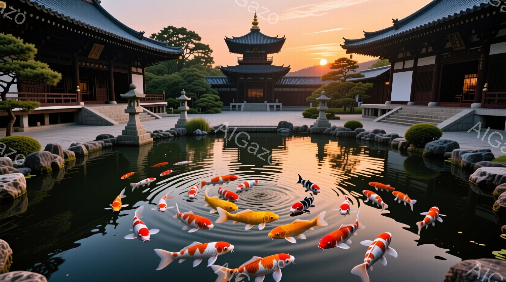 静かな池には、色とりどりの鯉が優雅に泳いでいる。背景には、伝統的な日本の寺院が夕焼けに照らされ、穏やかな雰囲気を醸し出している。池の周りには石や手入れの行き届いた植物が配置され、自然と建築物が調和した - AI生成フリー素材