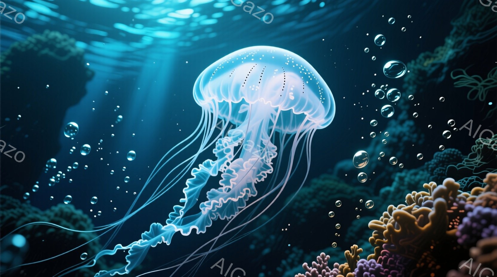 深い青色の海中に、光り輝くクラゲが漂っている。クラゲの傘は複雑な模様を持ち、触手は長く優雅に波打っている。背景には、鮮やかな珊瑚礁が広がり、水中に浮かぶ無数の気泡が幻想的な雰囲気を醸し出している。 - AI生成フリー素材