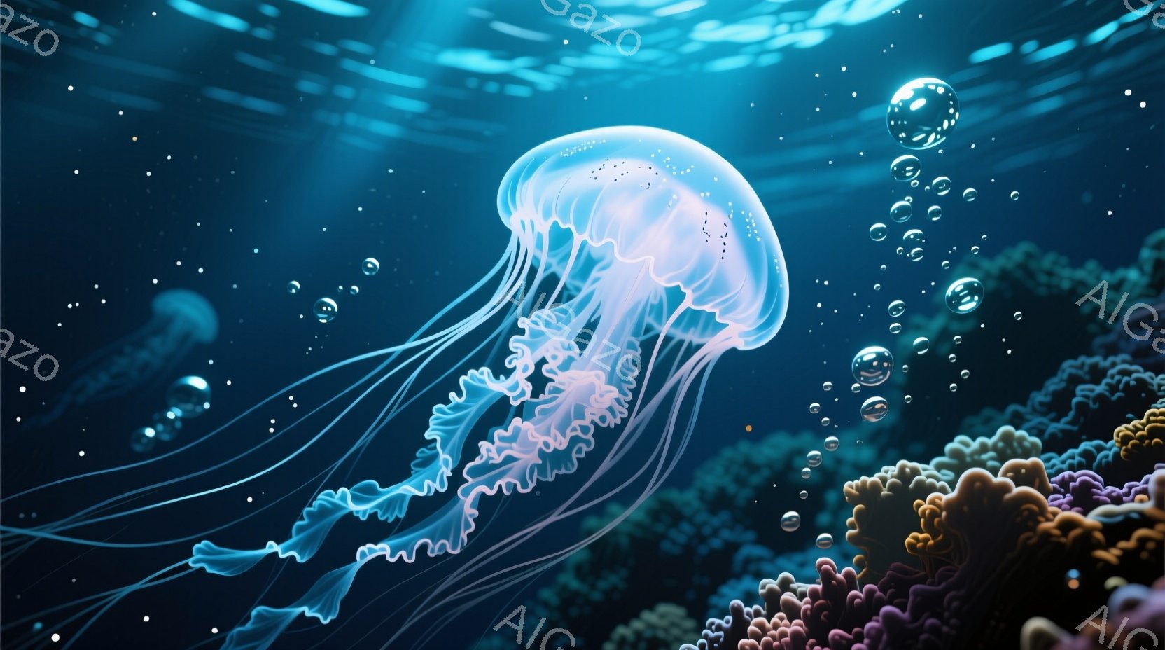 鮮やかな水中に漂うクラゲが印象的だ。長い触手が優雅に揺れ、半透明の傘が水中で幻想的な光を放っている。背景にはカラフルなサンゴ礁が広がり、無数の小さな泡が水面へと昇っていく様子が、静かで神秘的な雰囲気を - AI生成フリー素材