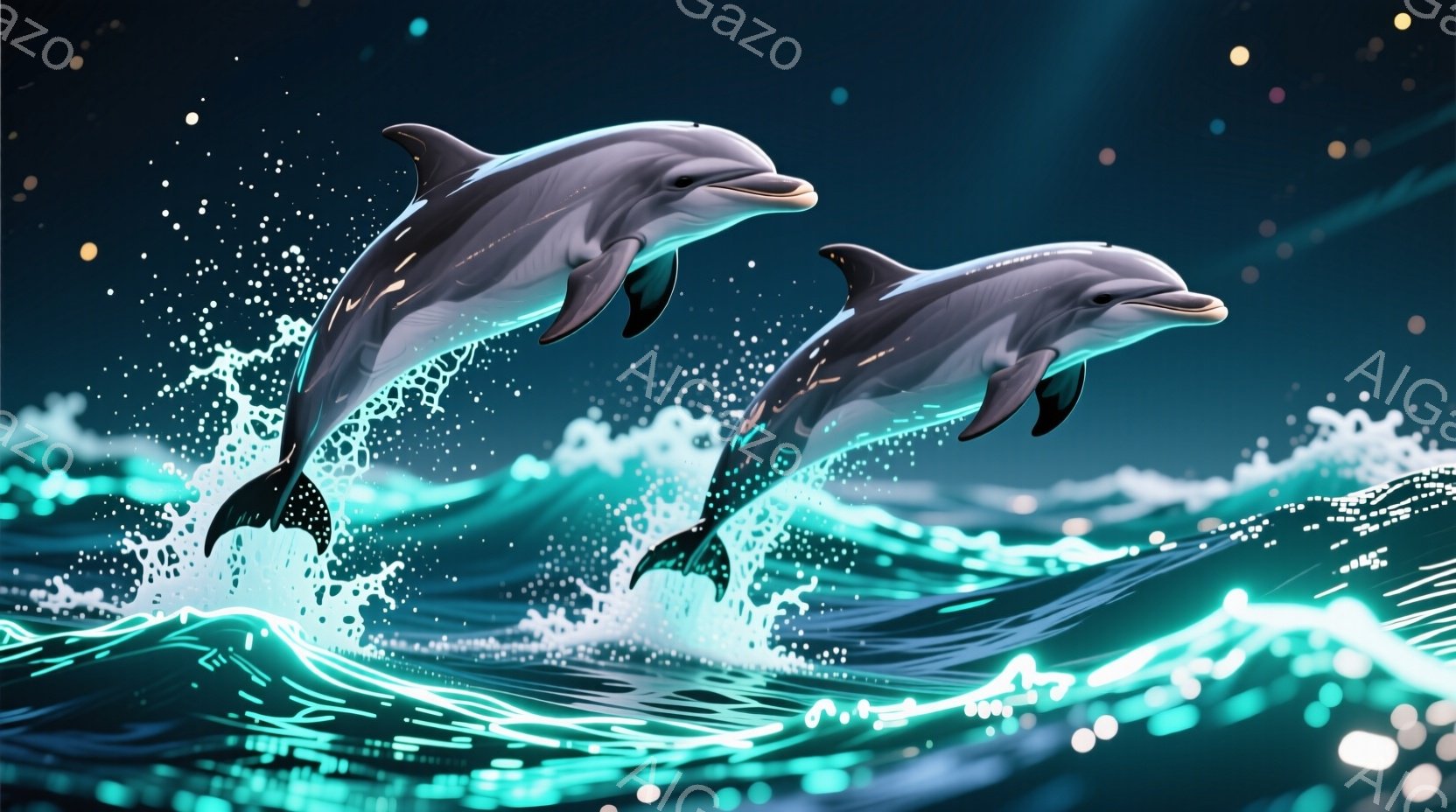 2匹のイルカが躍動的に水面から飛び出している様子が描かれています。イルカたちは流線形の体で、波しぶきを上げながらダイナミックなポーズをとっています。背景には、青と緑の光が輝く幻想的な波が広がり、夜空に - AI生成フリー素材