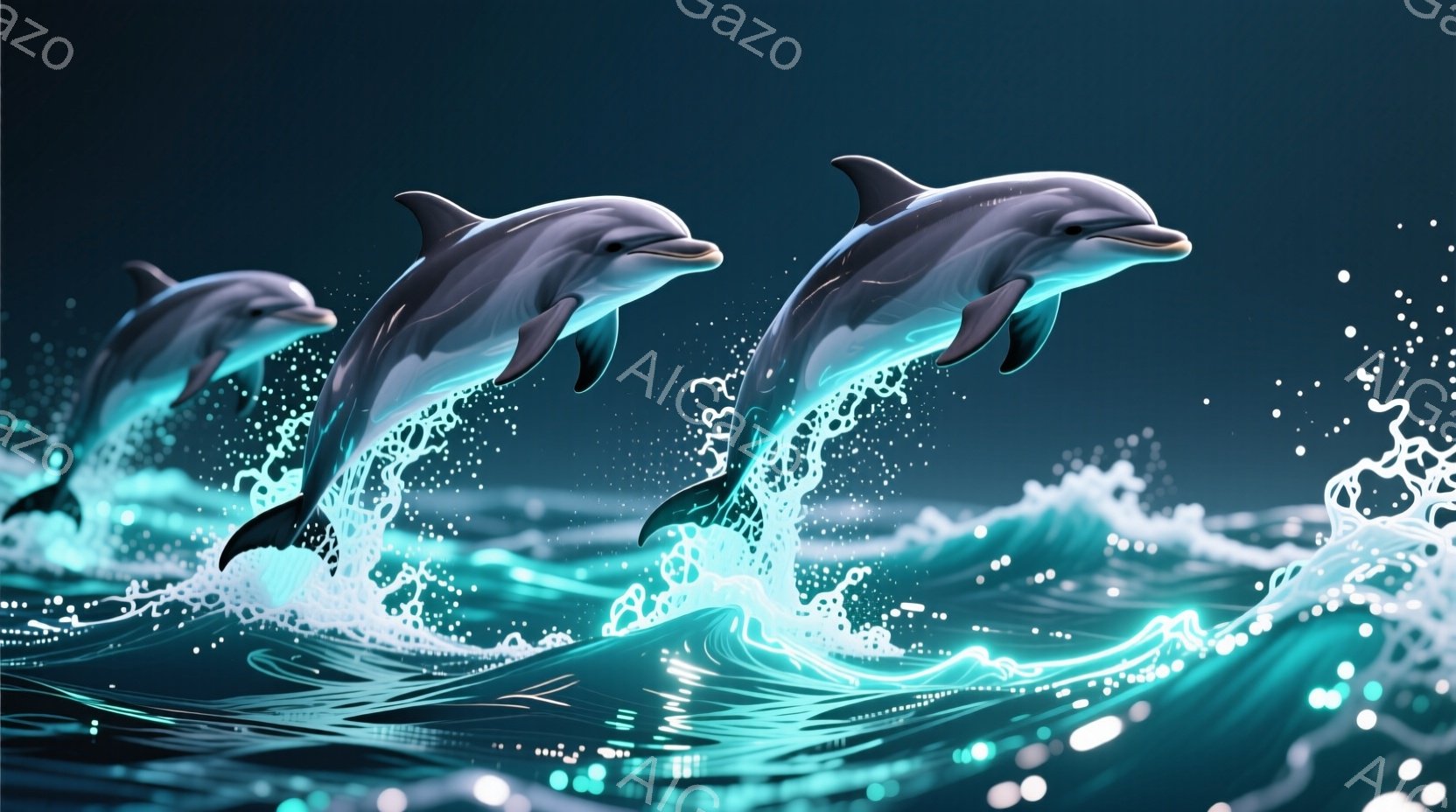 鮮やかな青色の海中で3匹のイルカが躍動する様子が描かれています。イルカたちはそれぞれ水面から飛び出し、波しぶきを上げながら力強く泳いでおり、躍動感と生命力に満ち溢れています。背景には光の筋が散りばめられ、幻想的な雰囲気を醸し出しています。