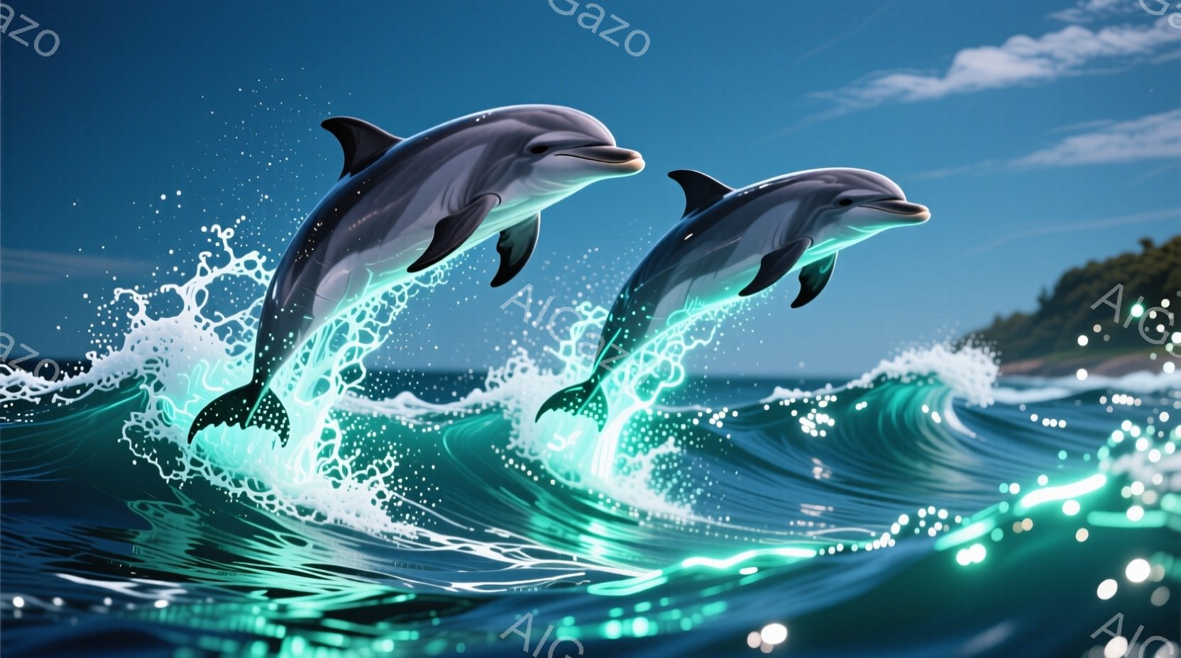 鮮やかなターコイズブルーの海で、二匹のイルカが波から飛び上がっている様子が描かれています。イルカは滑らかな体躯で、躍動感あふれる姿勢で波しぶきを上げています。背景には緑豊かな島々が見え、穏やかで爽やか - AI生成フリー素材