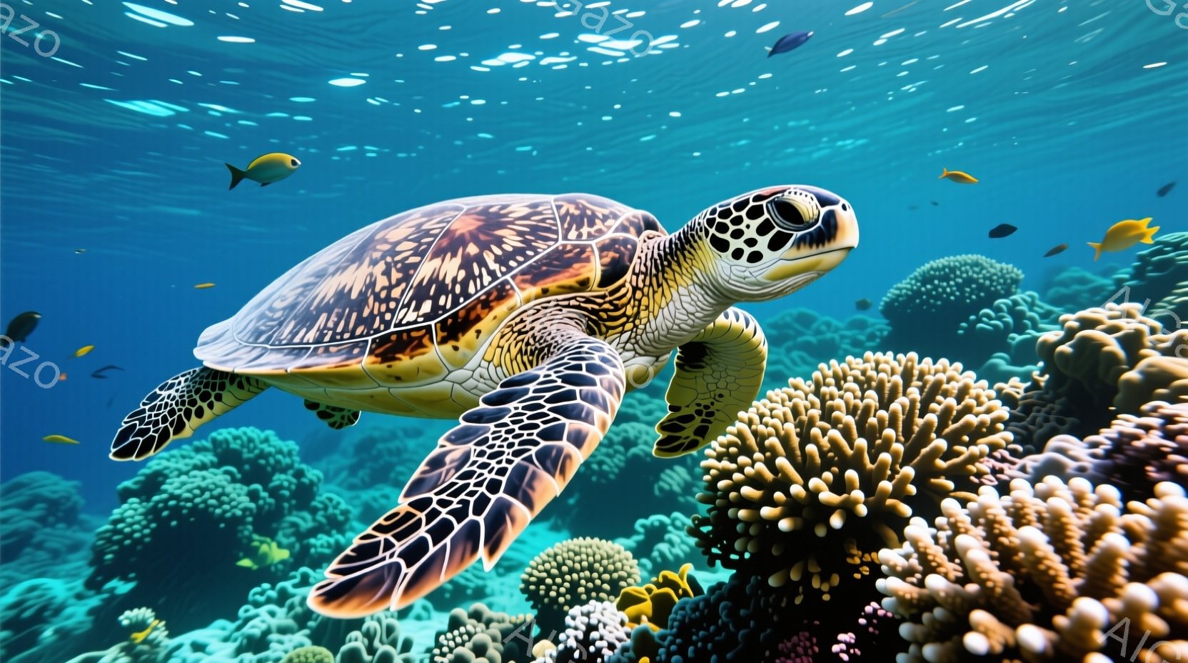 鮮やかな青い海の中で、甲羅に美しい模様のあるウミガメが優雅に泳いでいる。周囲には色とりどりのサンゴ礁が広がり、小さな熱帯魚が点在して、生命力に満ちた水中世界を表現している。光が差し込み、水中の粒子が輝き、穏やかで幻想的な雰囲気を醸し出している。