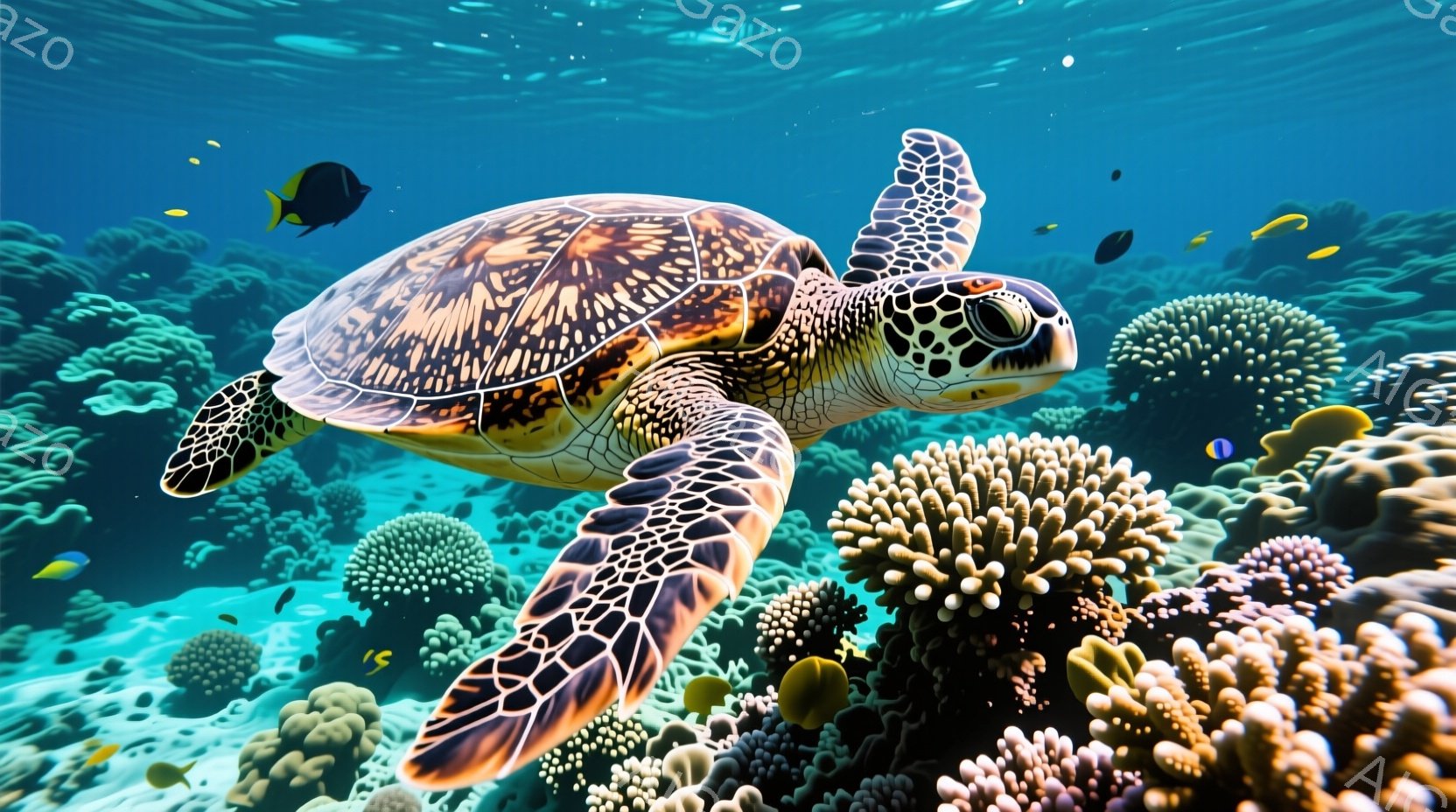 鮮やかな青色の海中に、美しいウミガメが悠々と泳いでいる。珊瑚礁が広がり、カラフルな魚たちが点在しており、生き生きとした海洋生物の生態系が表現されている。全体的に穏やかで生命力に満ちた、幻想的な雰囲気が漂っている。