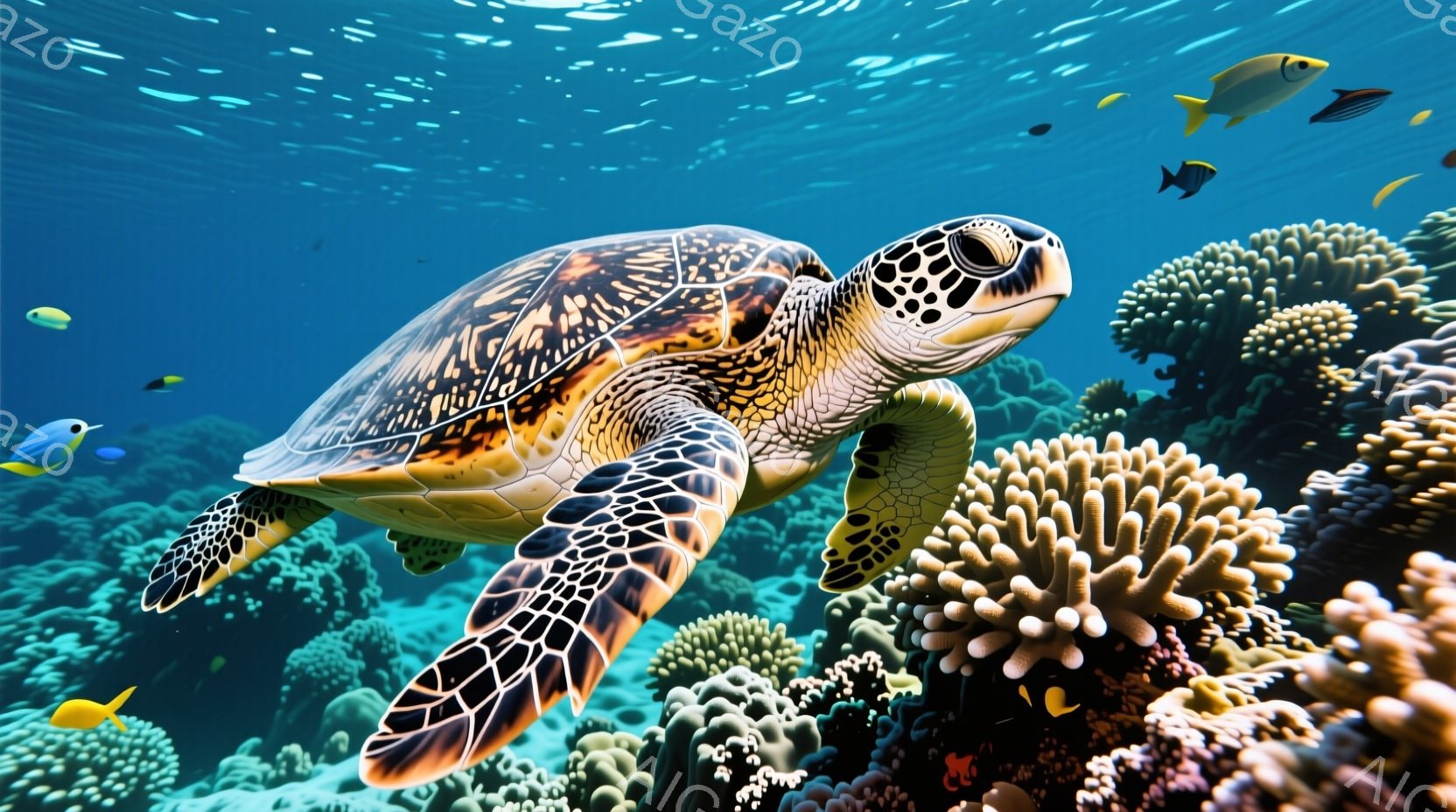 鮮やかな珊瑚礁の中を泳ぐウミガメを描いています。カメは茶色と黒の模様が特徴的で、片方のヒレを広げ、優雅に水中を進んでいます。背景には多様な珊瑚や熱帯魚が見られ、海中世界の豊かな生命力を感じさせる、穏や - AI生成フリー素材