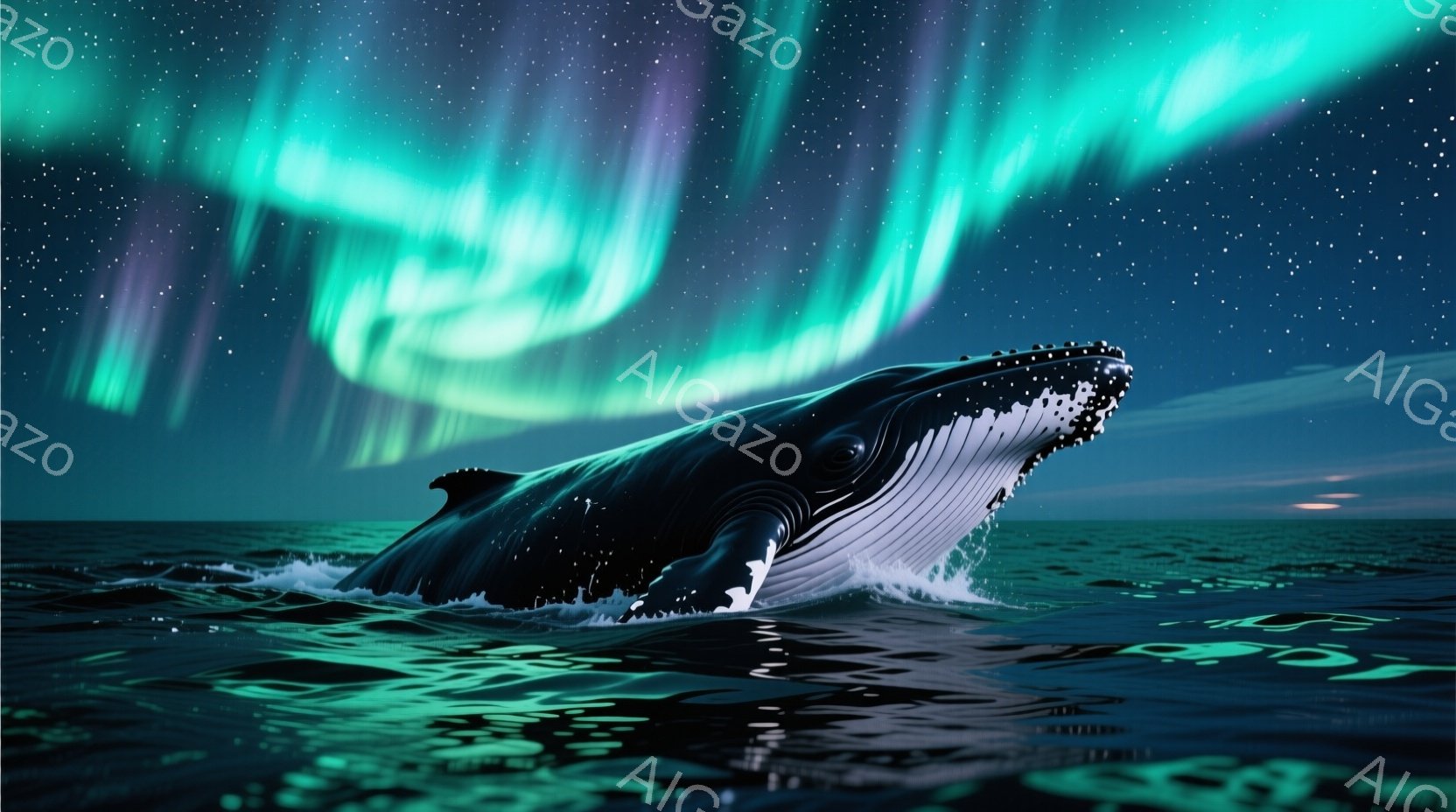 深い藍色の海に、巨大なザトウクジラが水面から現れています。クジラは左方向に泳いでいるようで、その姿は力強く、壮大です。背景には、緑と紫が混ざり合ったオーロラが夜空を彩り、幻想的な雰囲気を醸し出していま - AI生成フリー素材