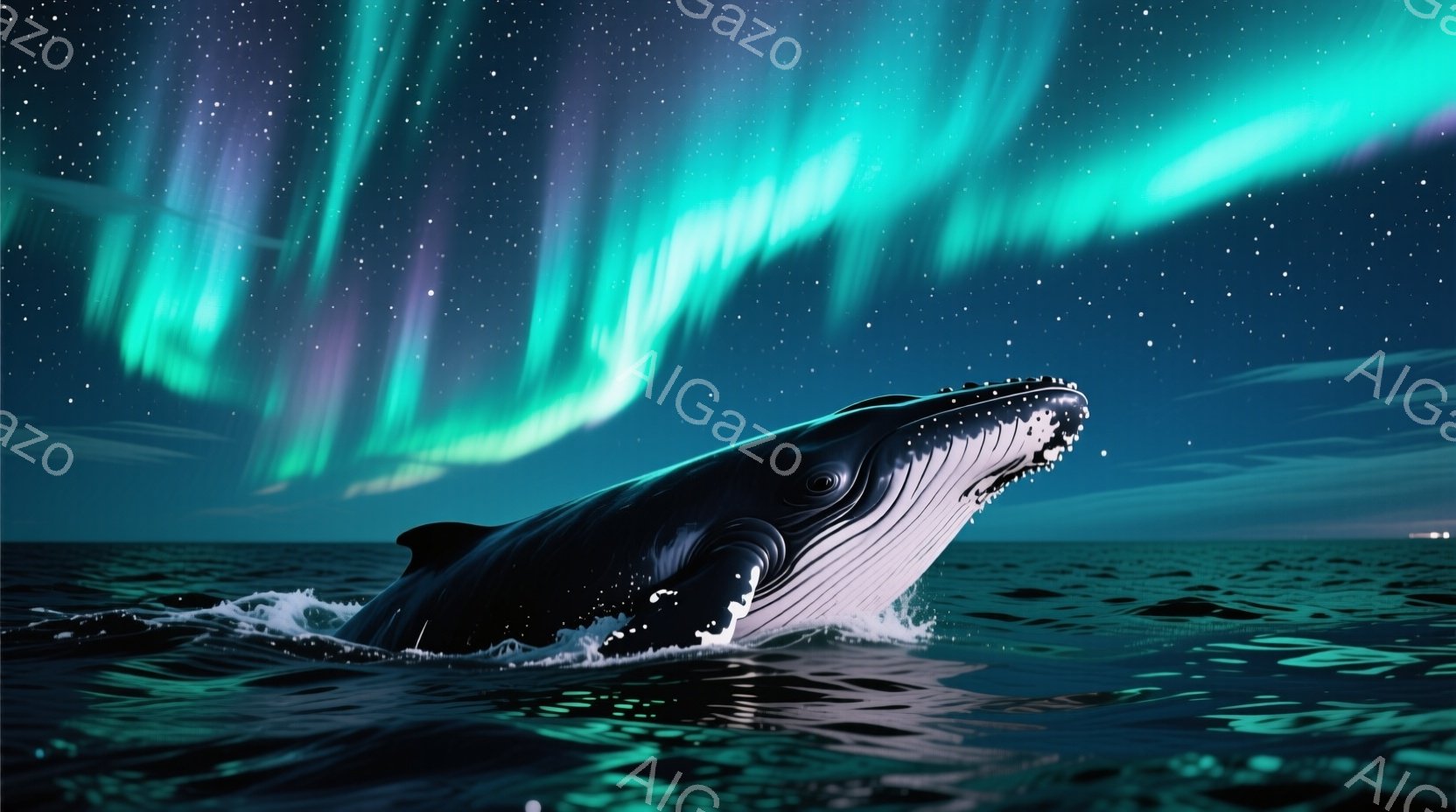 深い青色の海に、大きなシロナガスクジラが水面から頭を出して泳いでいる様子が描かれている。空には緑と紫のオーロラが広がり、星々が輝いている。波は穏やかで、静かで神秘的な雰囲気が漂っている。 - AI生成フリー素材