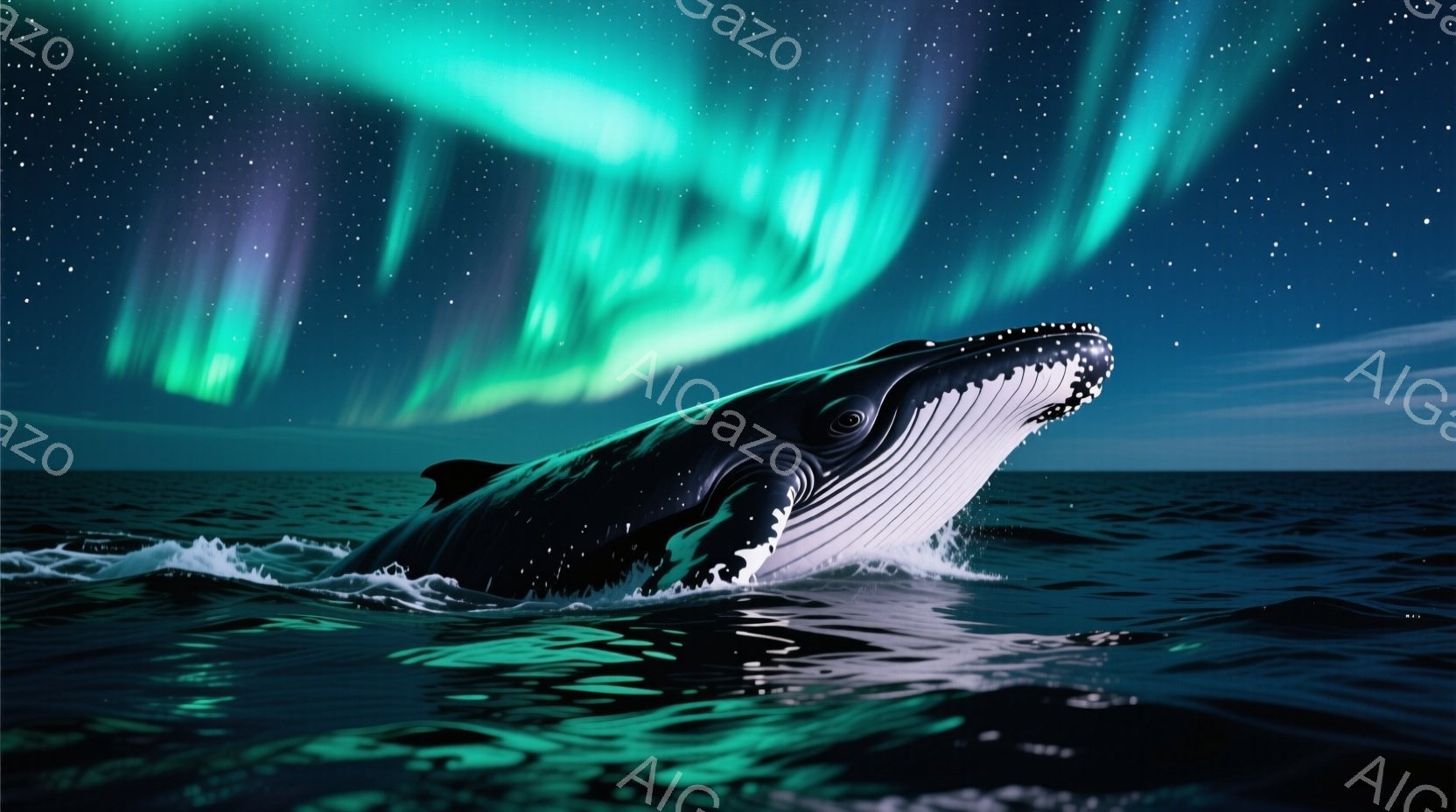 深く濃い青色の海に、巨大なコククジラが水面から姿を現しています。夜空には、緑色と紫色のオーロラが輝き、星々が散りばめられています。波は穏やかで、全体的に神秘的で幻想的な雰囲気が漂っています。 - AI生成フリー素材