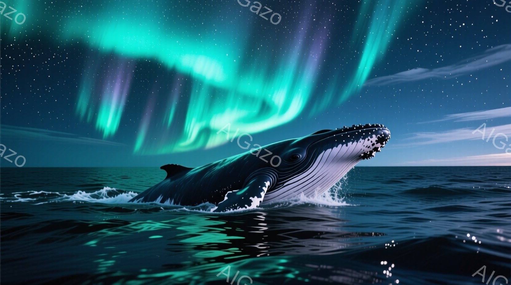 深い藍色の海に、巨大なザトウクジラが姿を現し、水面から上半身を浮かべている。背景には、緑と紫が混ざり合ったオーロラが夜空を彩り、水面には穏やかな波紋が広がっている。静かで神秘的な雰囲気で、自然の力強さ - AI生成フリー素材