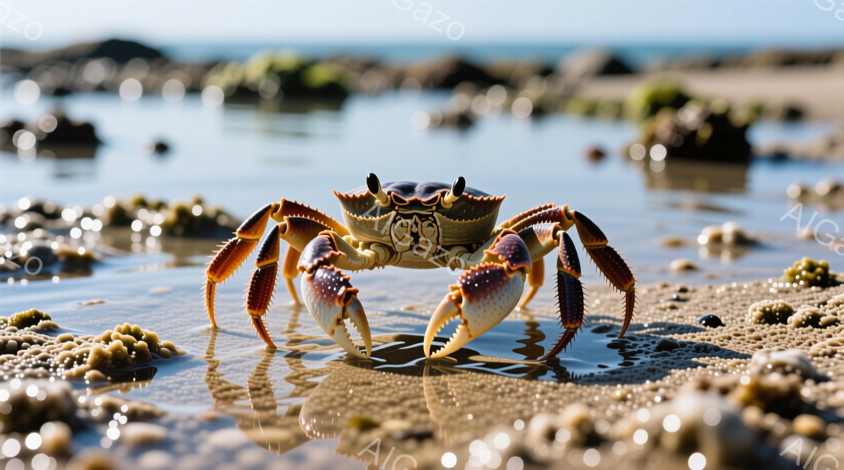 浅い水辺にオレンジと白の縞模様の蟹が正面を向いて立っている。蟹の目は黒く、鋭い印象を与え、周囲の砂と水面にその姿が反射している。背景には穏やかな水面が広がり、遠くには緑色の岩場が見え、晴れた日の穏やか - AI生成フリー素材