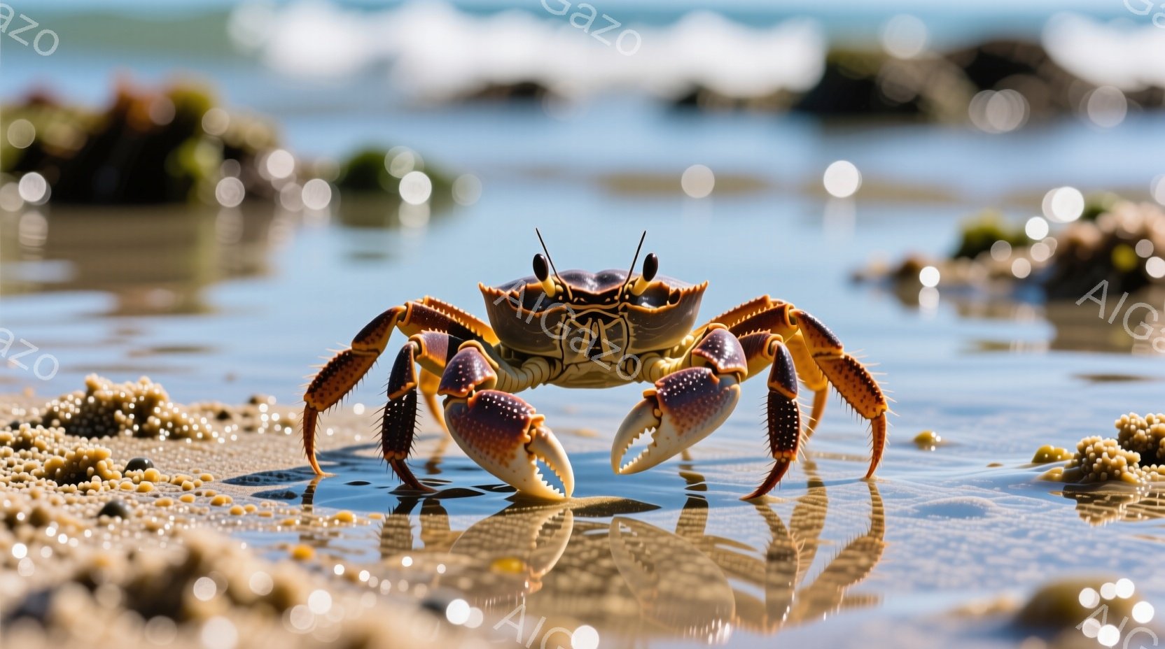 浅い水たまりの中に、鮮やかな赤い爪を持つ蟹が正面を向いて立っている。蟹は砂浜に反射した姿が映り込み、水面の光がキラキラと輝いている。背景には、ぼやけた海と海岸線が広がり、晴れた日の穏やかな雰囲気が感じられる。