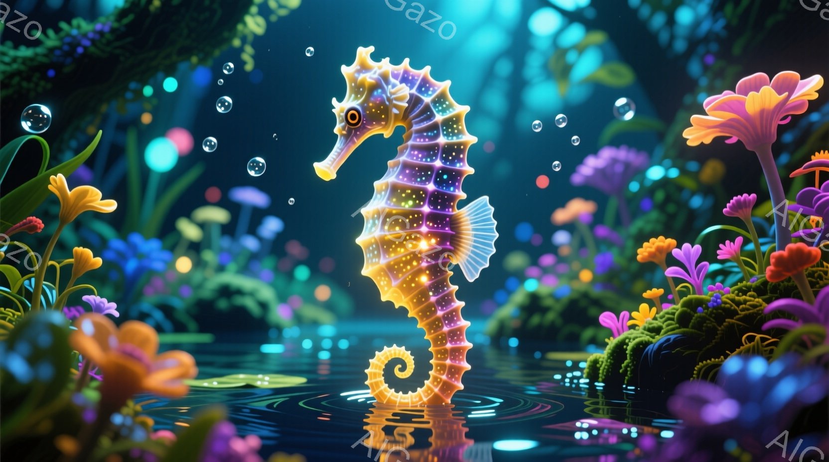 鮮やかな色彩のタツノオトシゴが、水面に映る自身の姿を見つめる幻想的な光景が描かれている。周囲には、明るい紫、オレンジ、緑色のカラフルな植物が生い茂り、水面には小さな泡が浮かんでいる。全体的に、神秘的で - AI生成フリー素材