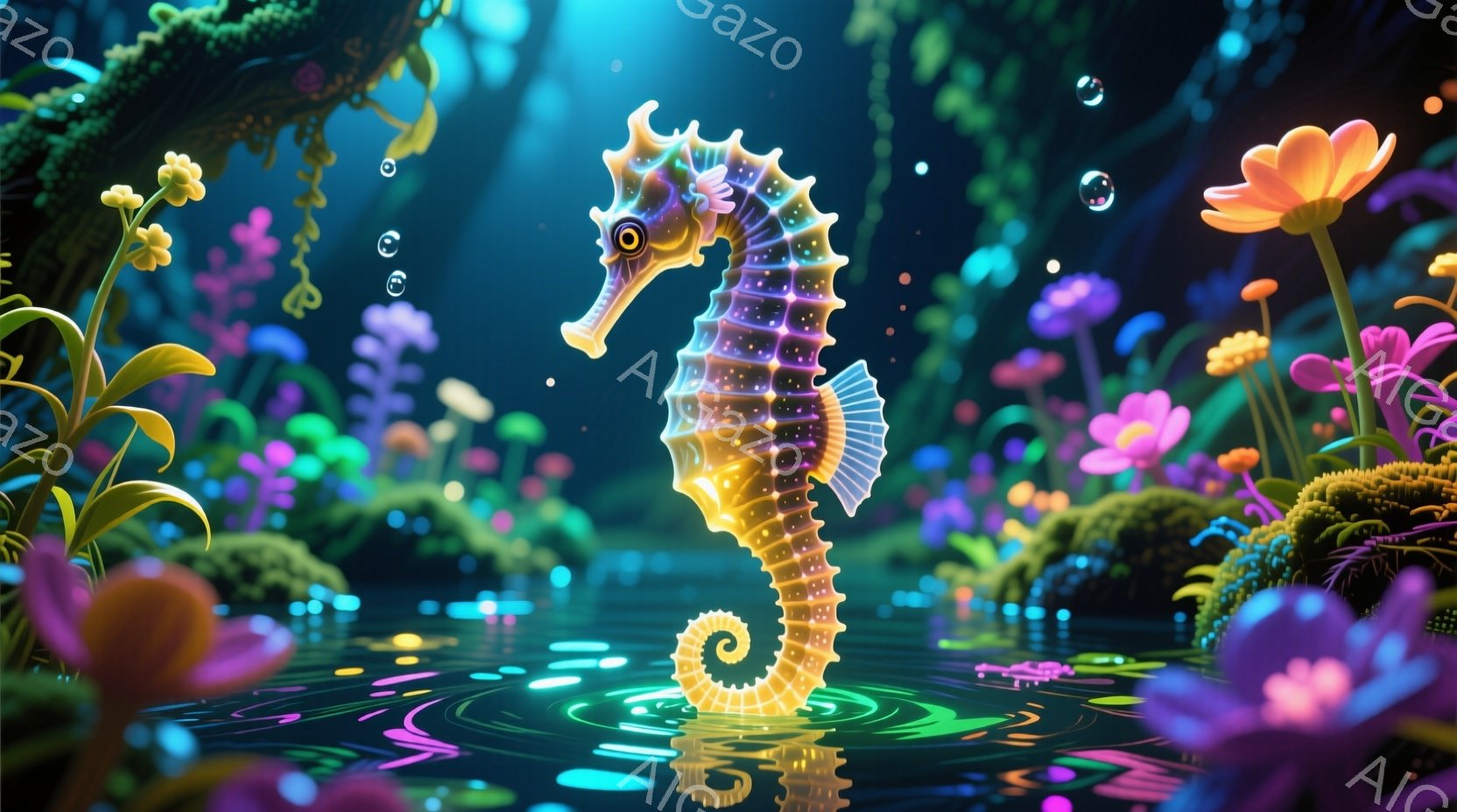 鮮やかな色彩で彩られた海底を、タテハモウウオが優雅に泳いでいる。背景には、様々な色合いの珊瑚や海藻、発光する植物が生い茂り、幻想的な雰囲気を醸し出している。光の反射が水面をキラキラと輝かせ、まるで夢の - AI生成フリー素材