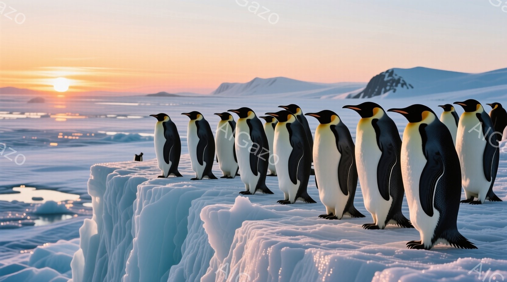 広大な氷の棚の上に、一列に並んだペンギンたちが立っている。夕焼けのオレンジとピンク色の空が、雪と氷の世界に暖かさと静けさをもたらし、ペンギンたちの黒と白のコントラストが際立っている。背景には遠くの雪山が霞んで見え、穏やかで美しい極地の風景が広がっている。
