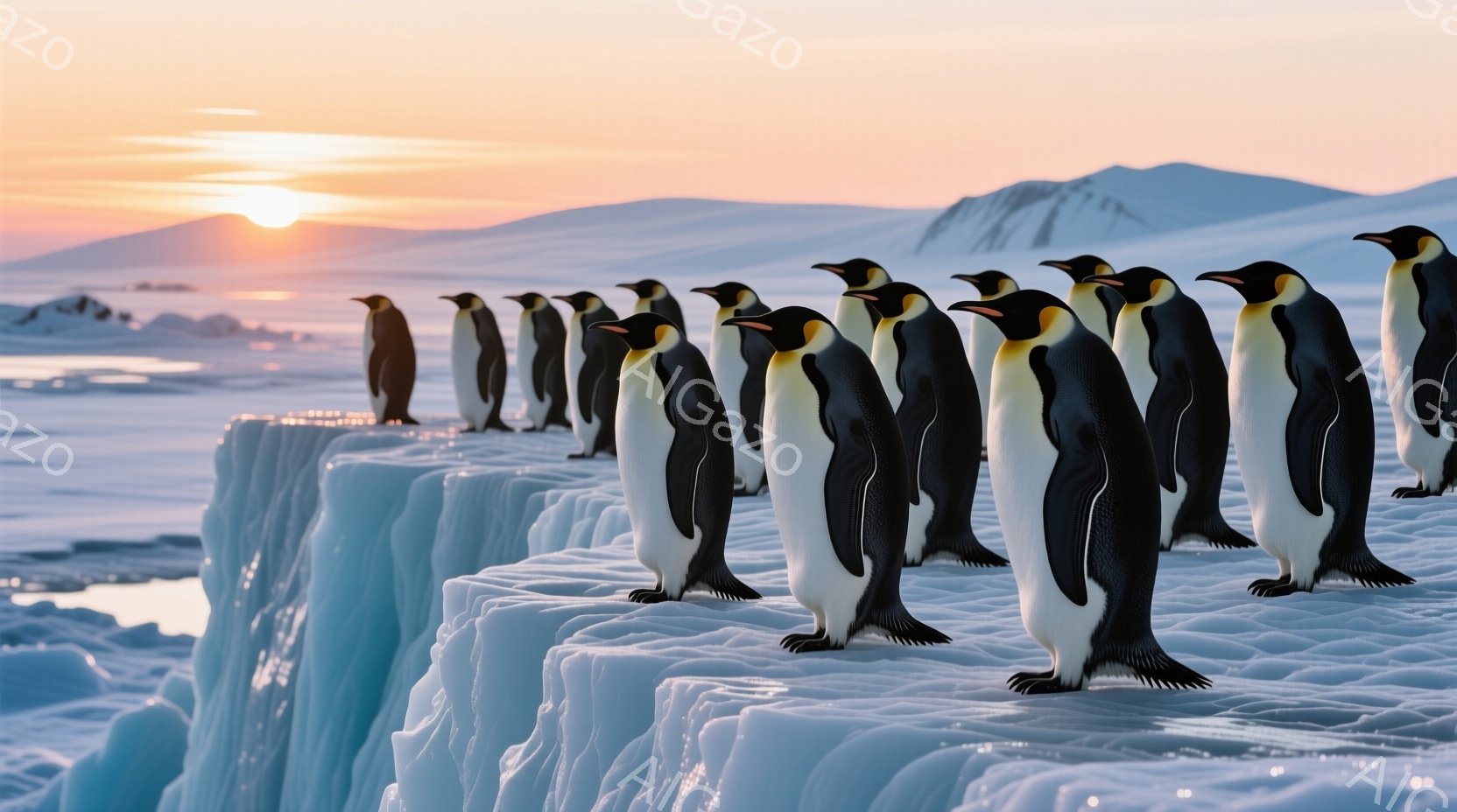 多数のペンギンが氷の棚の上で一列に並んで立っている。背景には雪山と、夕焼けのようなオレンジとピンクの空が広がり、氷の青い輝きと相まって幻想的な雰囲気を醸し出している。ペンギンたちは同じ方向を向き、静か - AI生成フリー素材