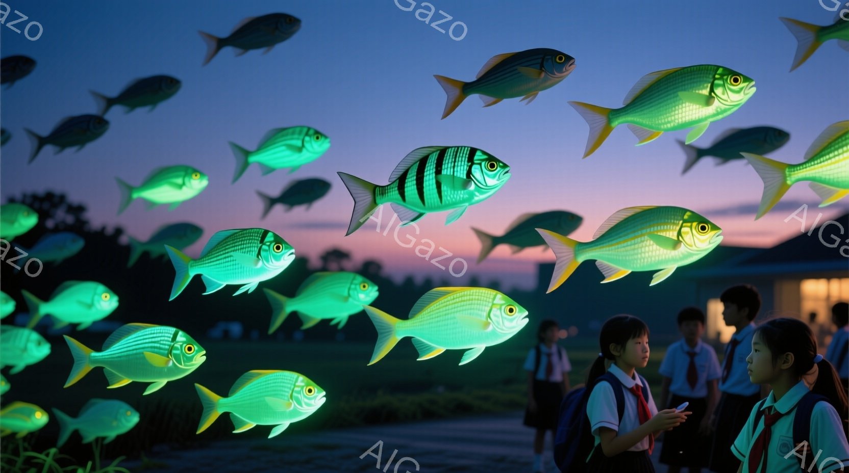 夕暮れ時の空に、光る魚たちが群れをなして浮かんでいる幻想的な光景だ。制服を着た少女たちが、その光景をスマートフォンで撮影したり、見上げたりしている。背景には建物と緑地が広がり、全体的に穏やかで少し不思議な雰囲気を醸し出している。