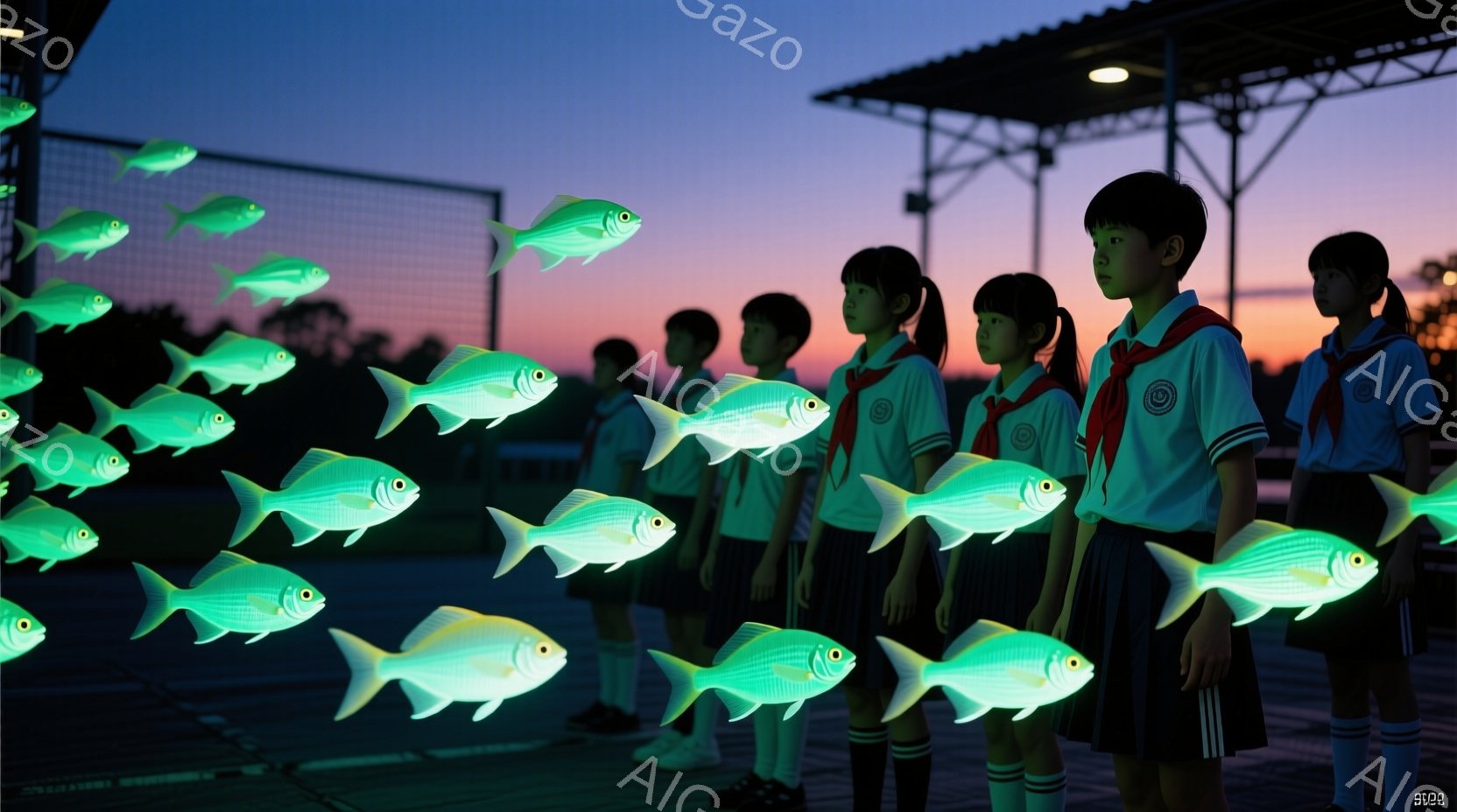 制服を着た子供たちが一列に並んで立っており、皆同じ方向を見つめている。彼らの周りには、緑色に光る魚が群れをなして漂っているように配置されている。背景は夕暮れ時の学校の体育館のようで、薄暗い空が幻想的な雰囲気を醸し出している。