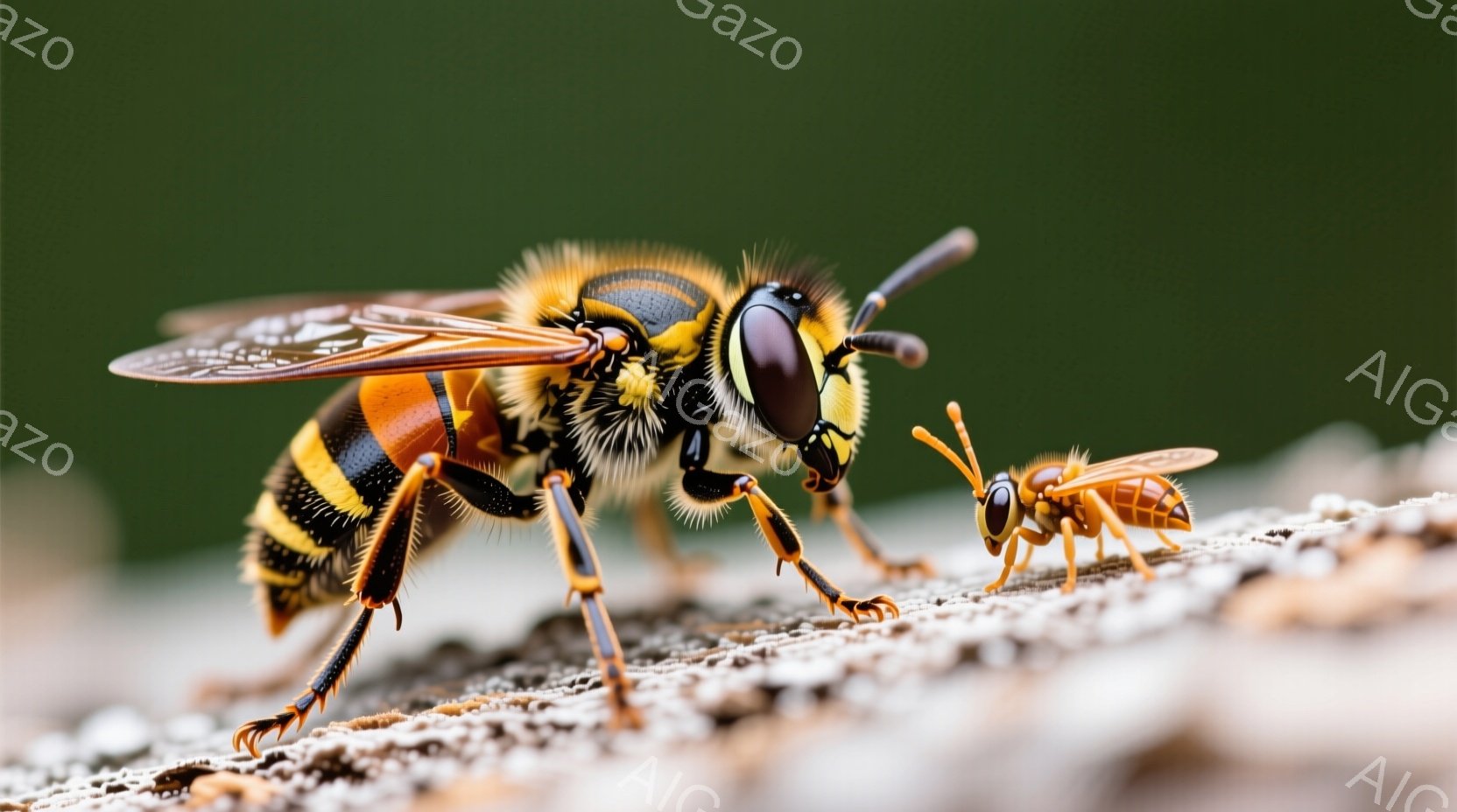 鮮やかなオレンジと黒の縞模様を持つ大きなハチが、粗い木の表面にとまっています。そのハチの隣には、はるかに小さな、似た色のハチがいて、まるで親と子供のように見えます。背景は緑色でぼやけており、焦点はハチとそのテクスチャのある翅、そして鋭い目と触角に当てられています。