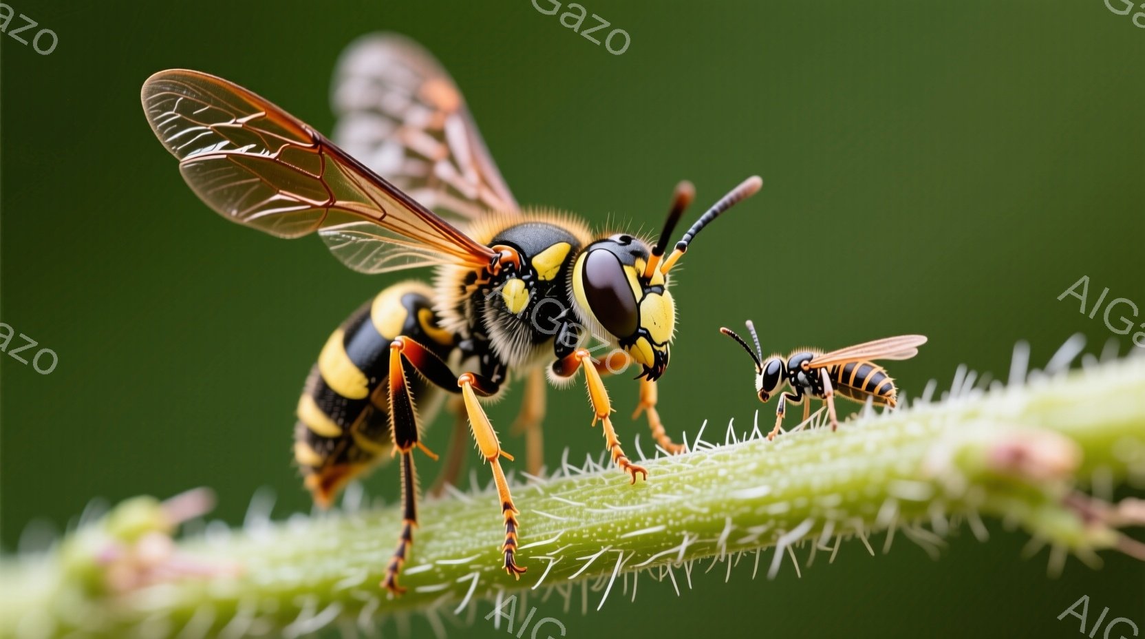 緑色の植物の茎に止まった2匹のハチのクローズアップです。1匹は茶色と黒の縞模様で、もう1匹は黄色と黒の縞模様で、どちらも細い足と半透明の翼を持っています。背景は緑色のぼかしで、全体的に鮮やかで自然な雰 - AI生成フリー素材