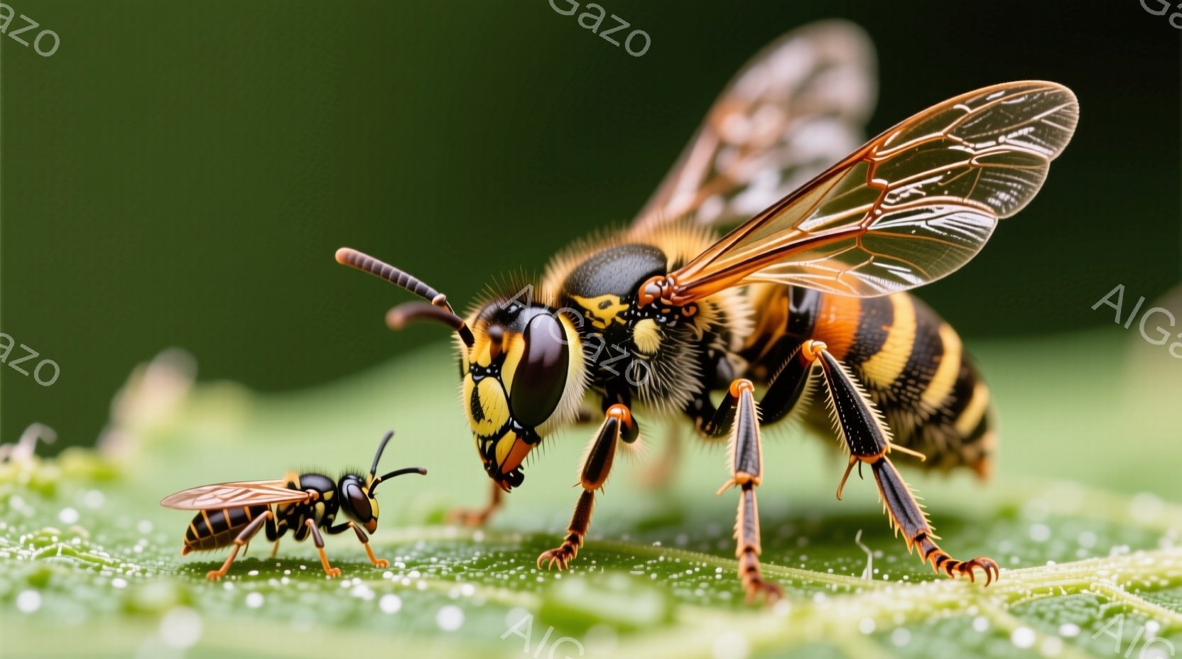 鮮やかな黄色と黒の縞模様を持つ大きなハチが写っています。ハチは緑色の葉の上を歩き、小さなハチと向き合っており、まるで何かを伝えようとしているかのようです。背景はぼやけた緑色で、葉には小さな水滴がついており、全体的に鮮やかで自然な雰囲気を醸し出しています。