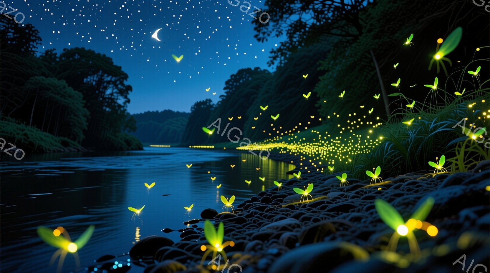 夜の川辺が描かれており、多数の光る虫（蛍）が飛び交っている様子が印象的です。川の水面には星と蛍の光が反射し、周囲の緑豊かな自然と一体となって幻想的な雰囲気を醸し出しています。水辺には丸い石が敷き詰めら - AI生成フリー素材