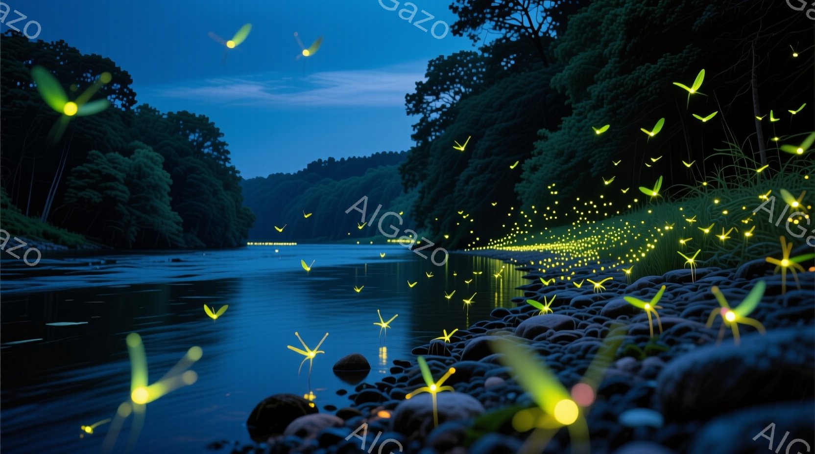 深い緑に囲まれた川辺で、無数の光るホタルが舞っている様子が描かれている。水面にはホタルの光が反射し、幻想的な雰囲気を醸し出している。川岸は丸い石で覆われ、周囲の木々は暗闇に沈み、静寂と神秘的な光が調和した美しい光景である。