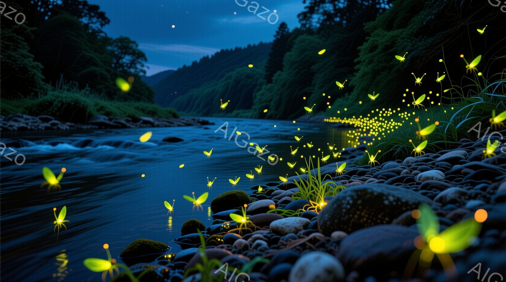 暗い夜の川辺では、無数の蛍が幻想的な光を放ちながら飛び交っている。川の流れは穏やかで、岸辺には丸い石と緑の草が生い茂り、周囲を覆う木々は暗闇の中にシルエットを描いている。夜空にはわずかな星が輝き、全体 - AI生成フリー素材