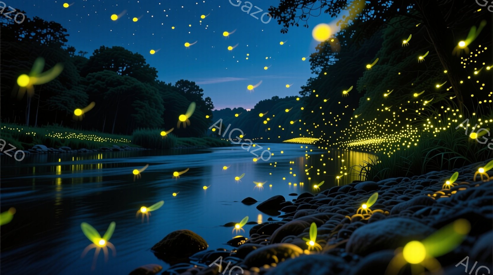 暗い夜空の下、川岸に無数の光るホタルが舞っている様子が描かれている。川面にはそれらの光が反射し、幻想的な雰囲気を醸し出している。岸辺には岩が点在し、緑豊かな木々が川を取り囲んでおり、静かで穏やかな夏の夜の情景を表している。