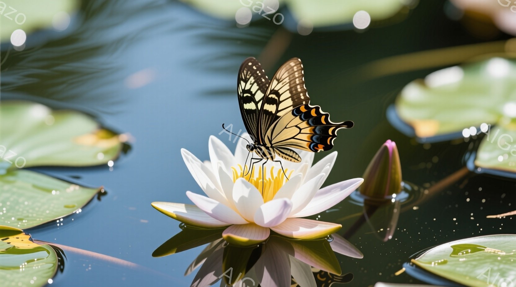 白い蓮の花の上に、鮮やかな模様の蝶がとまっている。水面には蓮の葉が浮かび、水面に映る光がキラキラと輝いている。全体的に穏やかで静謐な雰囲気があり、夏の日の自然の美しさを感じさせる。 - AI生成フリー素材