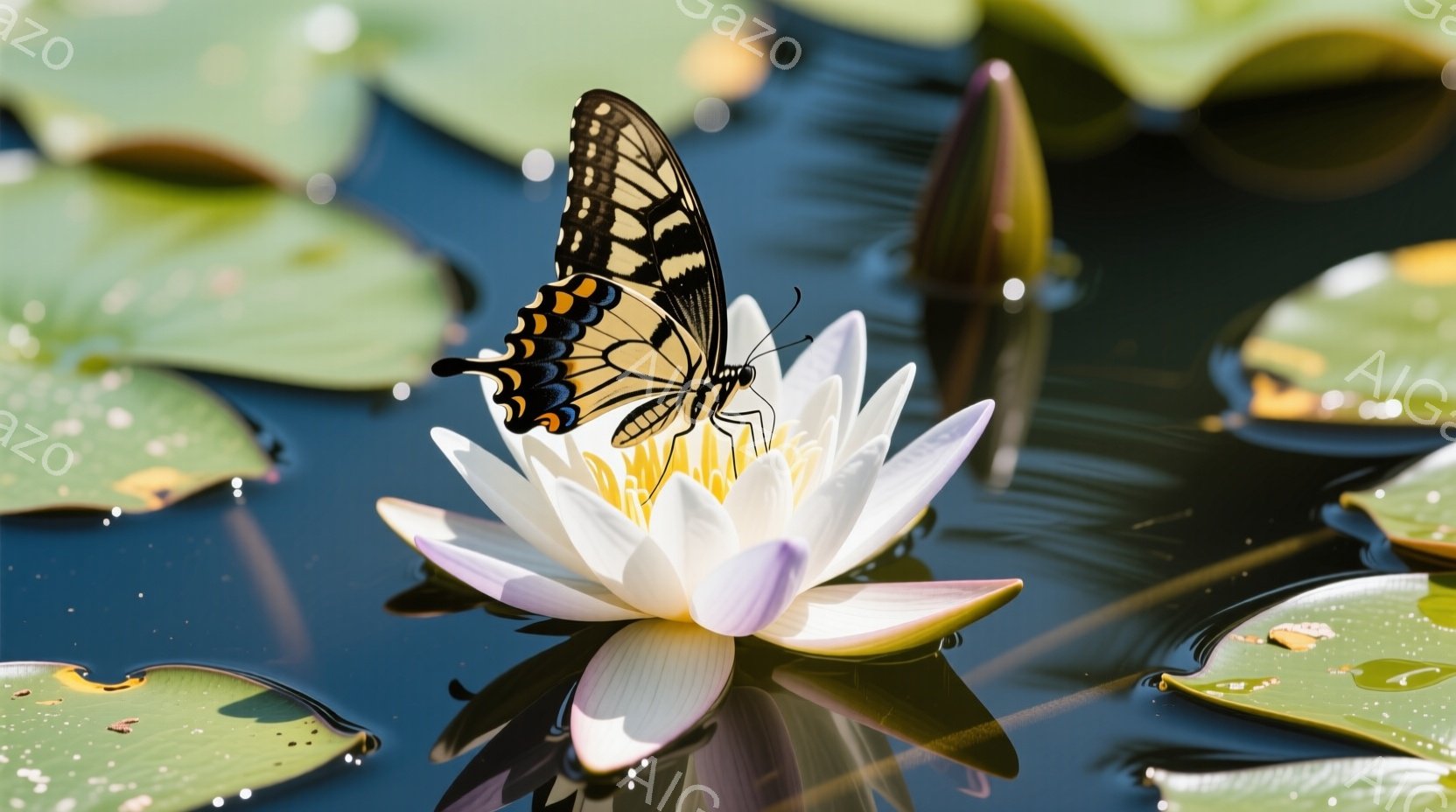 白い睡蓮の花の上に、鮮やかな黄色と黒の模様を持つアゲハチョウがとまっています。水面は穏やかで、周囲には緑色のスイレンの葉が浮かび、水面に光が反射してキラキラと輝いています。全体的に静かで穏やかな、自然の美しさを際立たせる雰囲気です。