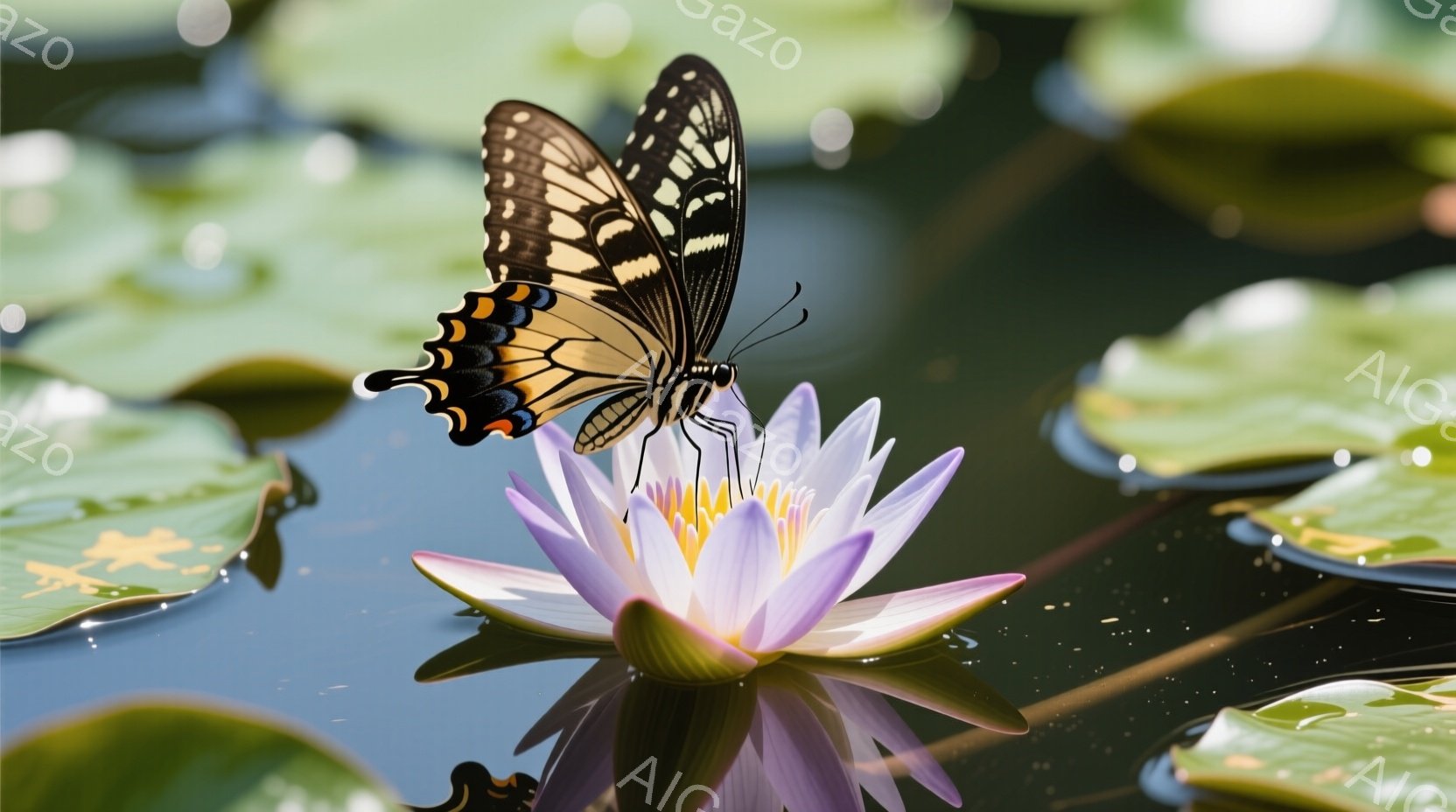 鮮やかなピンク色の睡蓮の花の上に、オレンジと黒の模様を持つ大きな蝶がとまっています。水面には睡蓮の葉が広がり、蝶と花は水面に映し出されて美しい反射を作り出しています。全体的に穏やかで静謐な雰囲気が漂い、自然の美しさが際立っています。