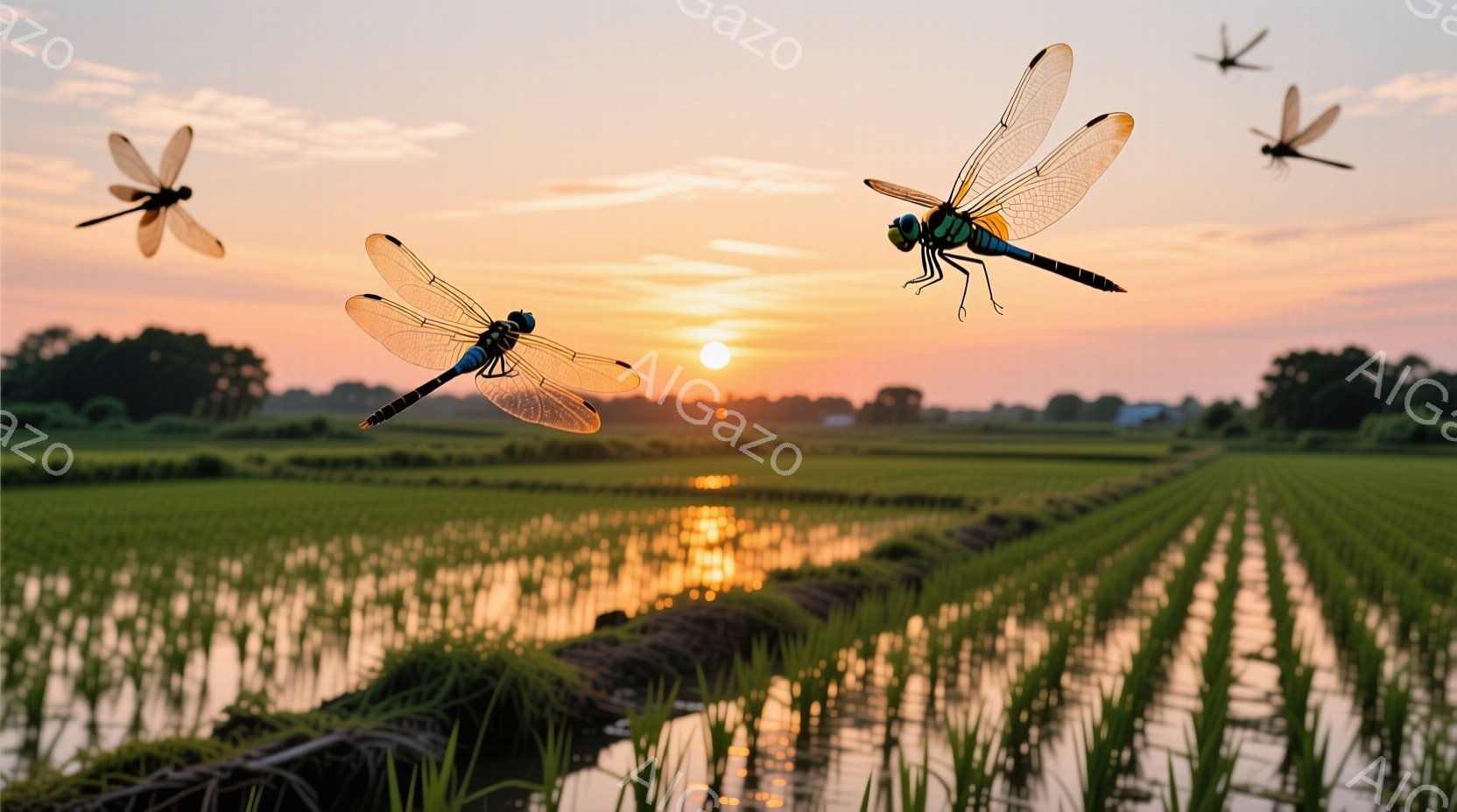 黄金色の夕焼けを背景に、緑豊かな田んぼの上を三匹の蜻蛉が舞っている。水田には水が張られており、その反射が美しい光景を作り出している。穏やかで平和な雰囲気で、夏の日の終わりを感じさせる一枚である。