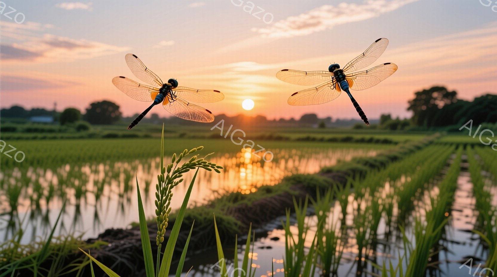 広大な田んぼに稲穂が並び、夕焼け空の下、二匹の蜻蛉が羽を広げて飛んでいる。水面には夕日の光が反射し、穏やかな黄金色に輝いている。全体的に静かで平和な、日本の田園風景を象徴するような光景である。 - AI生成フリー素材