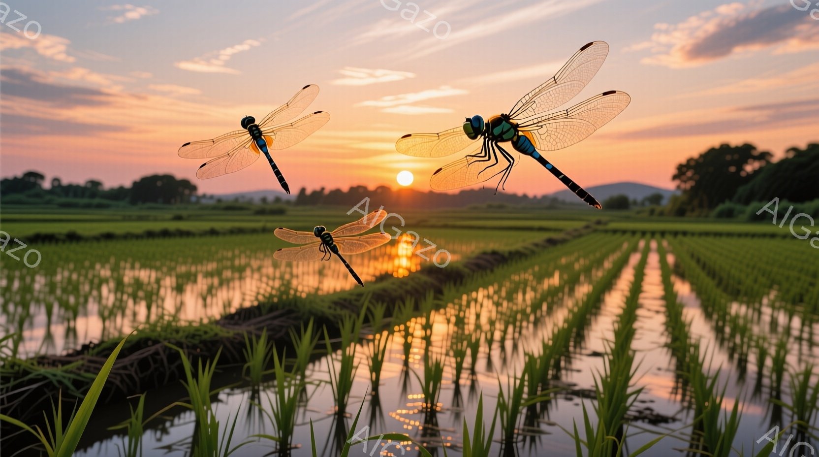 稲田の中に二匹の大きなトンボが舞っている。夕焼けのオレンジとピンク色の光が水面に反射し、稲の緑と美しいコントラストを作り出している。全体的に穏やかで牧歌的な雰囲気が漂い、日本の田園風景を象徴している。 - AI生成フリー素材