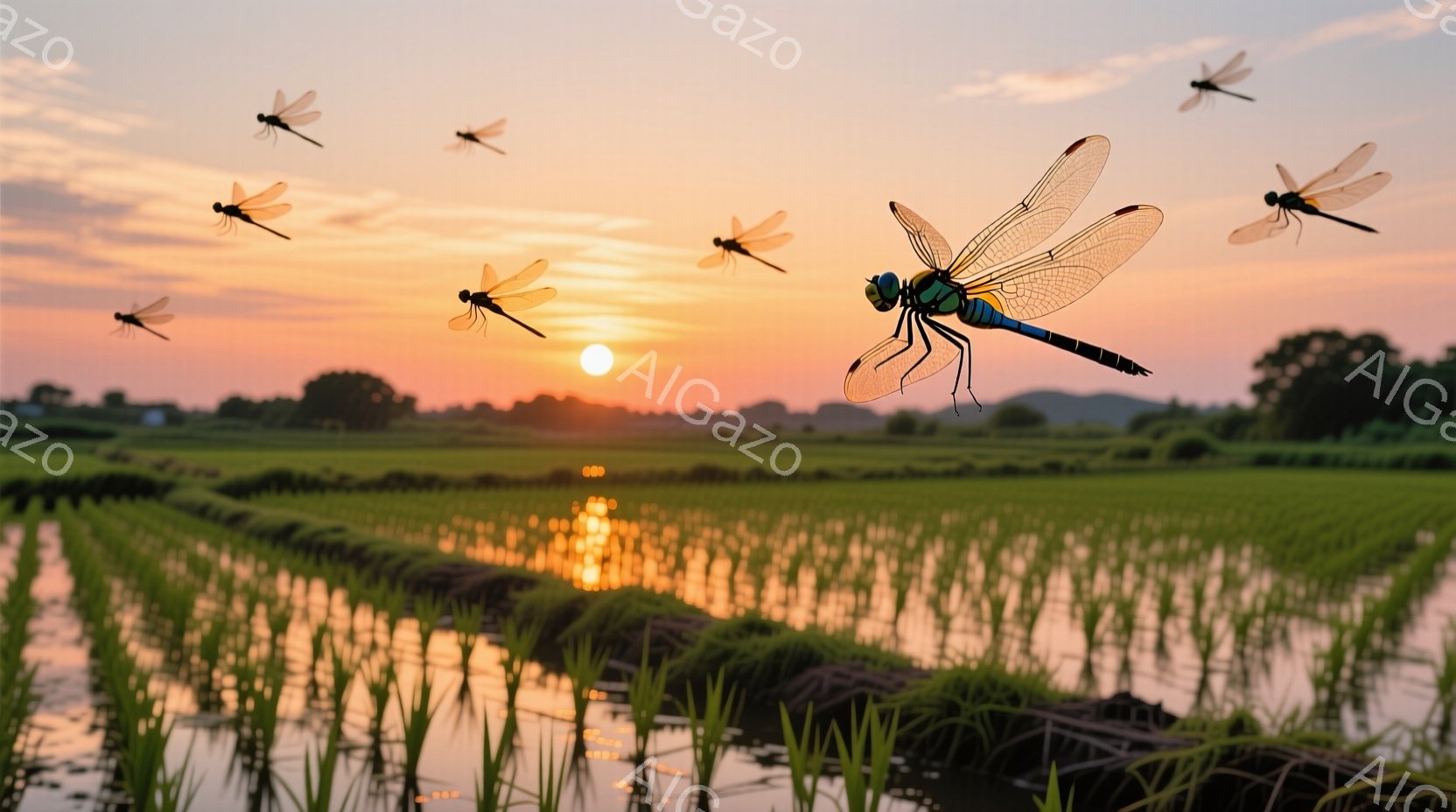 広大な水田の中に、夕焼けを背景に多くの蜻蛉が舞っている様子が捉えられています。水田は整然と区画され、水面に夕焼けが反射してオレンジ色の光を放っており、穏やかで幻想的な雰囲気を醸し出しています。空には、空色の蜻蛉が複数飛び交い、自然の美しさを際立たせています。