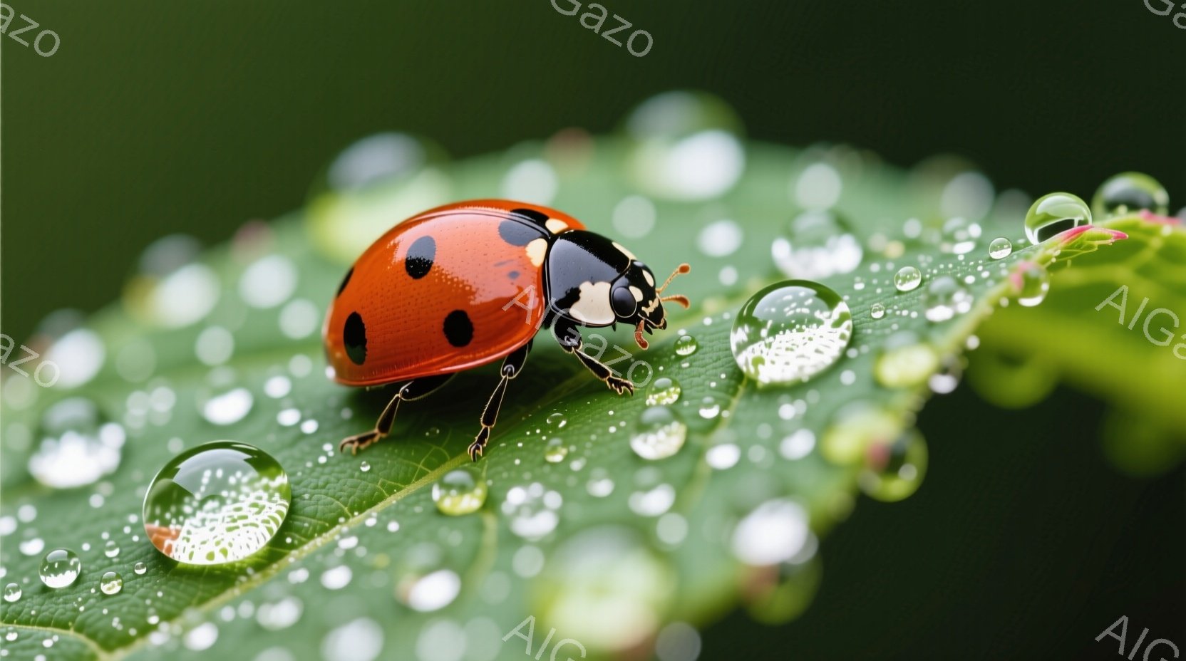 緑色の葉の上に赤い体に黒い斑点を持つテントウムシが止まっています。葉には水滴が光り、まるで宝石のように見えます。背景は緑色で、自然の中で生き生きとした雰囲気です。