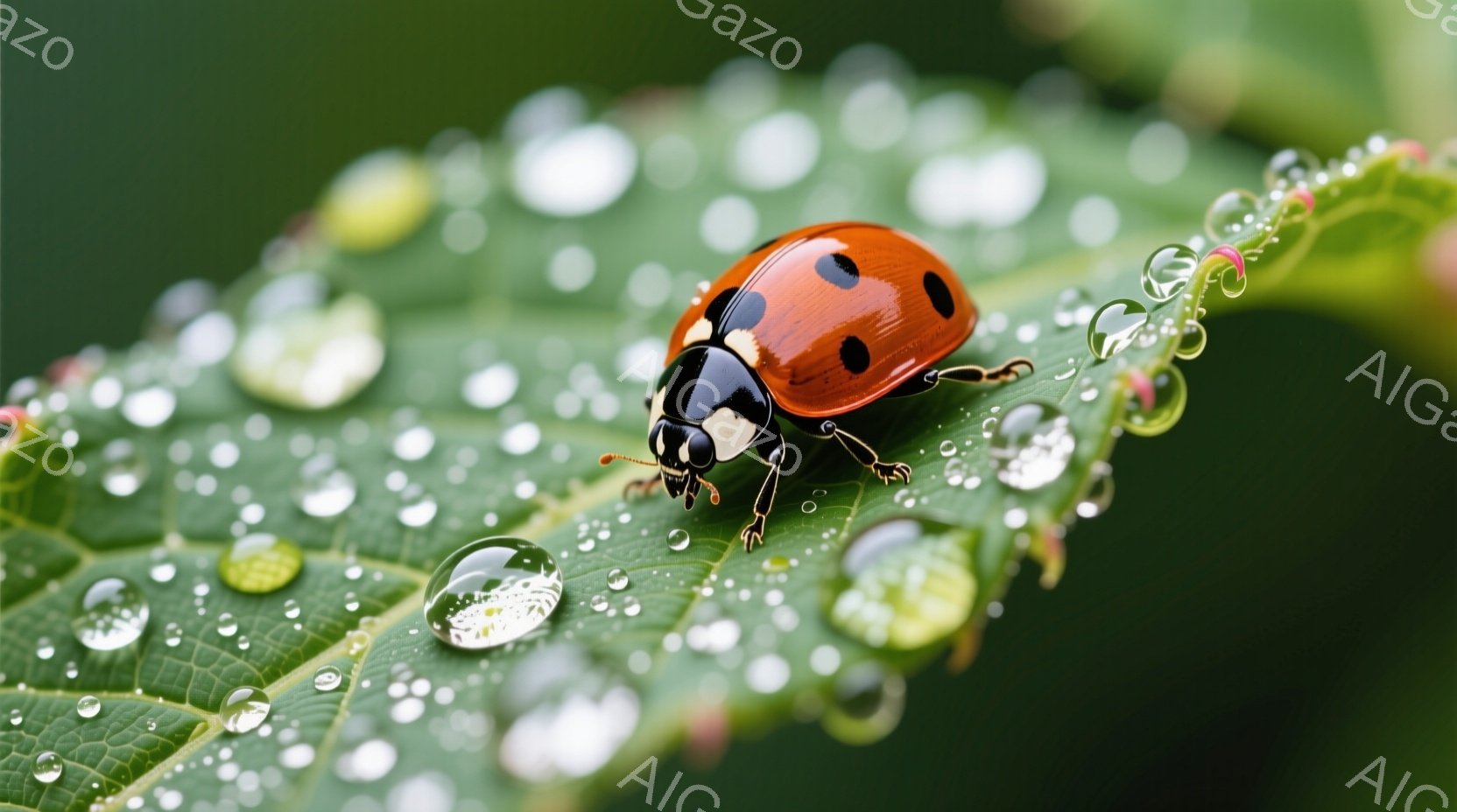 鮮やかな赤色のテントウムシが、水滴で覆われた緑の葉の上を歩いています。葉脈がはっきりと見え、背景はぼやけており、雨上がりのしっとりとした雰囲気を醸し出しています。テントウムシの黒い斑点は葉の緑と対照的で、生き生きとした印象を与えます。