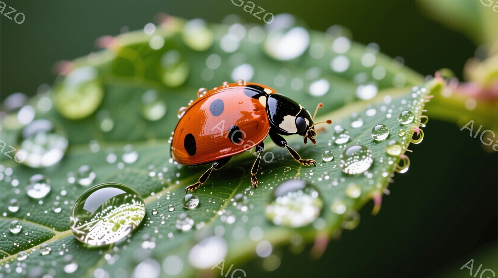 鮮やかな赤色のテントウムシが緑色の葉の上を歩いている。葉の上には水滴が散らばっており、朝露または雨上がりの様子を思わせる。背景は緑色のぼやけであり、自然の中で生きる小さな昆虫の生命力を感じさせる。 - AI生成フリー素材
