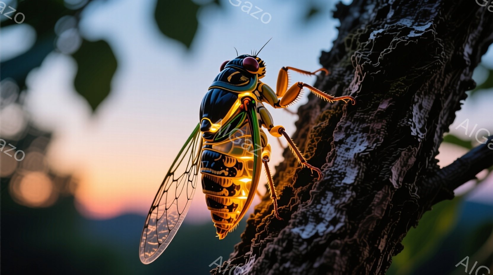 鮮やかな色彩のセミが、粗い樹皮にしっかりと掴まっています。その体はオレンジと黒のストライプで彩られ、まるで内部から光を放っているかのように見えます。背景には夕焼けのオレンジ色が広がり、穏やかで幻想的な雰囲気を醸し出しています。